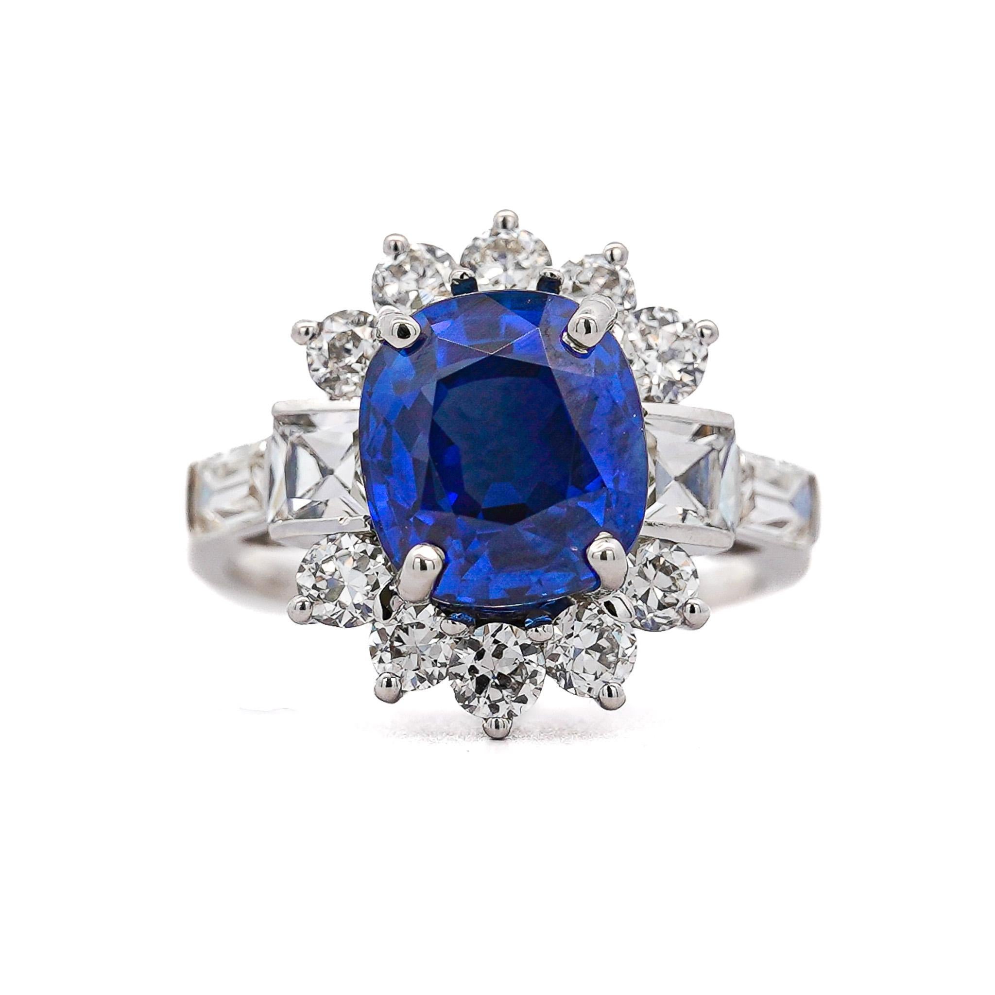 GIA Certified 5.35 Carat Cushion Cut Burma Sapphire Vintage Ring For Sale 6