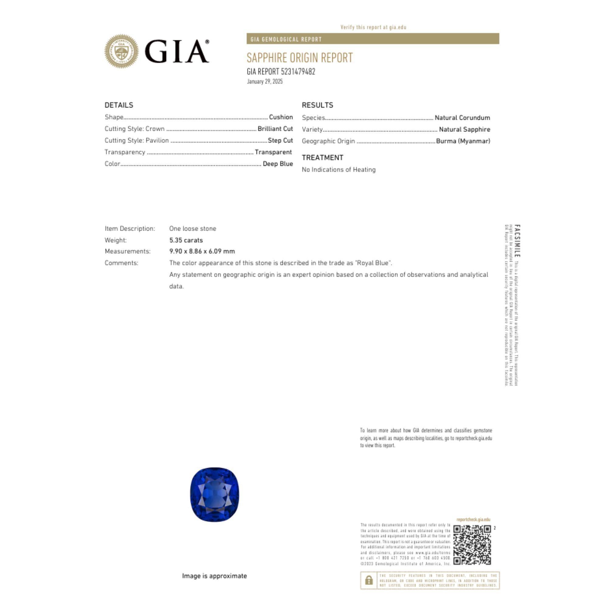 GIA certified 5.35 carat cushion cut Burma sapphire ring in 18K white gold with 1.50 carat diamonds featuring no heat treatment and vintage halo setting. Royal blue sapphire from Myanmar with nearly flawless antique French square cut diamond side