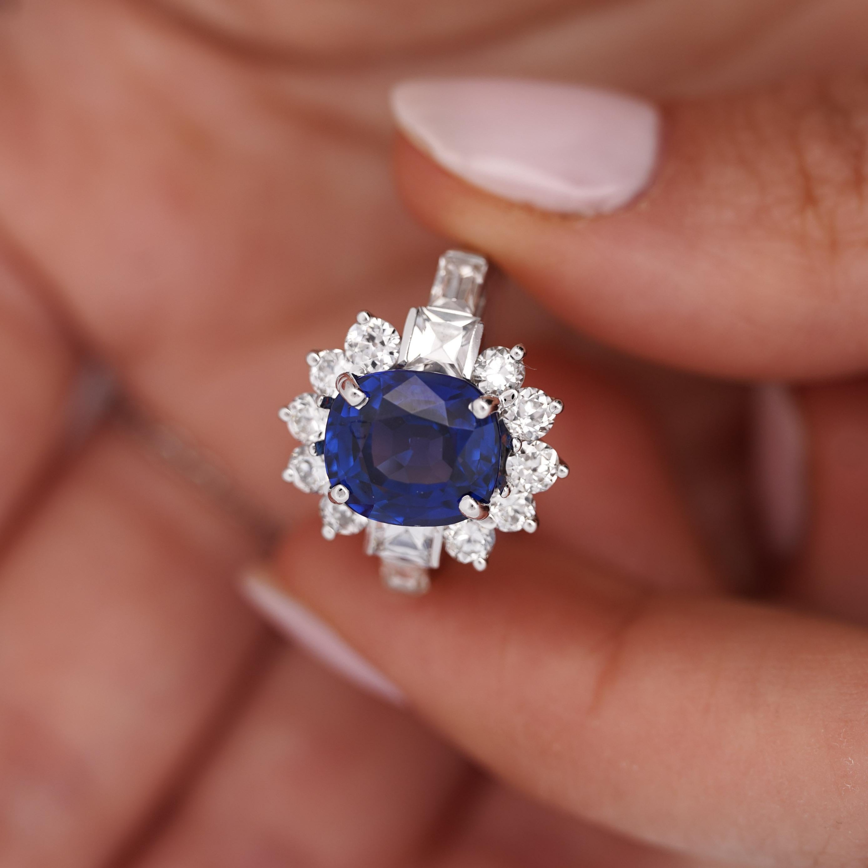 Modern GIA Certified 5.35 Carat Cushion Cut Burma Sapphire Vintage Ring For Sale