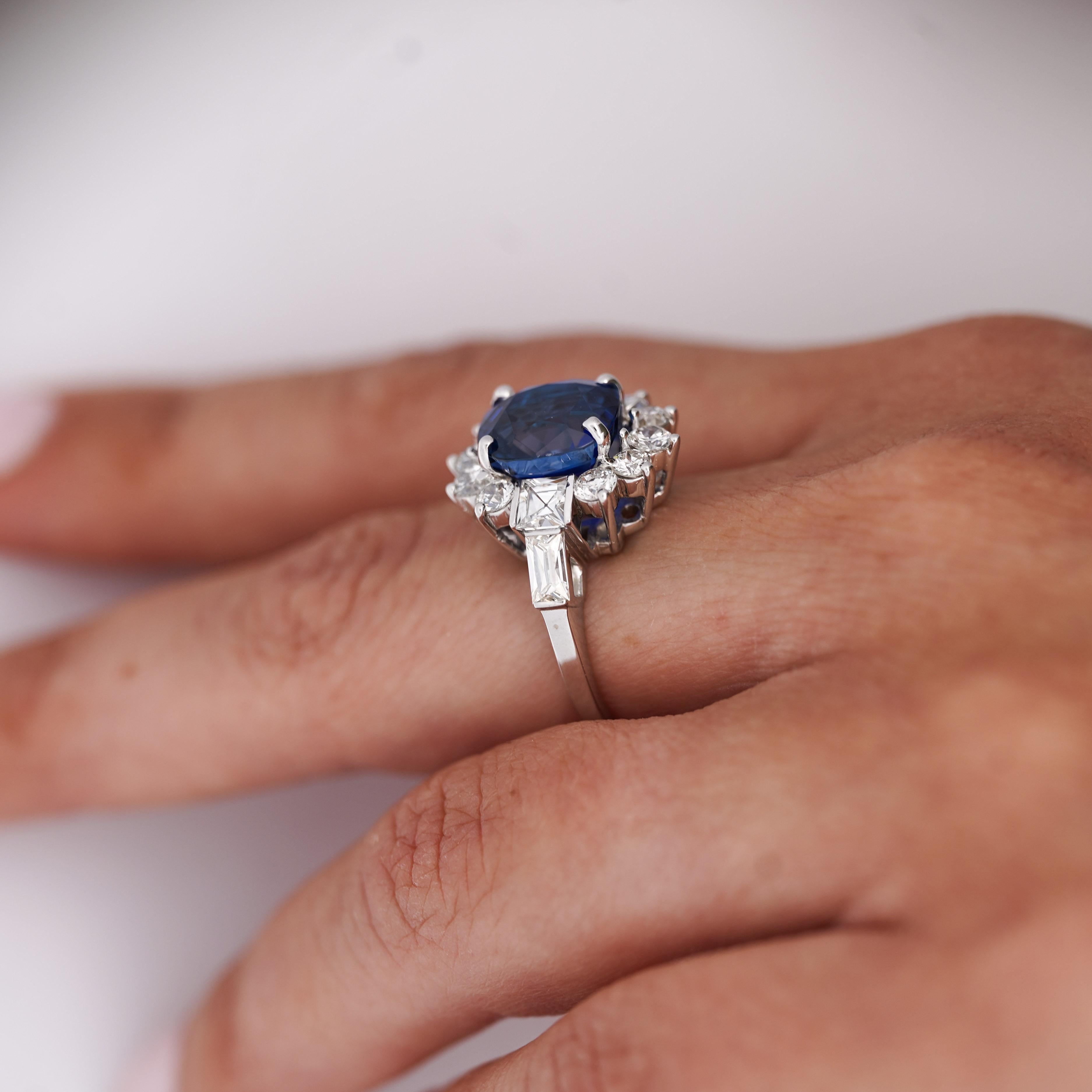 Women's GIA Certified 5.35 Carat Cushion Cut Burma Sapphire Vintage Ring For Sale