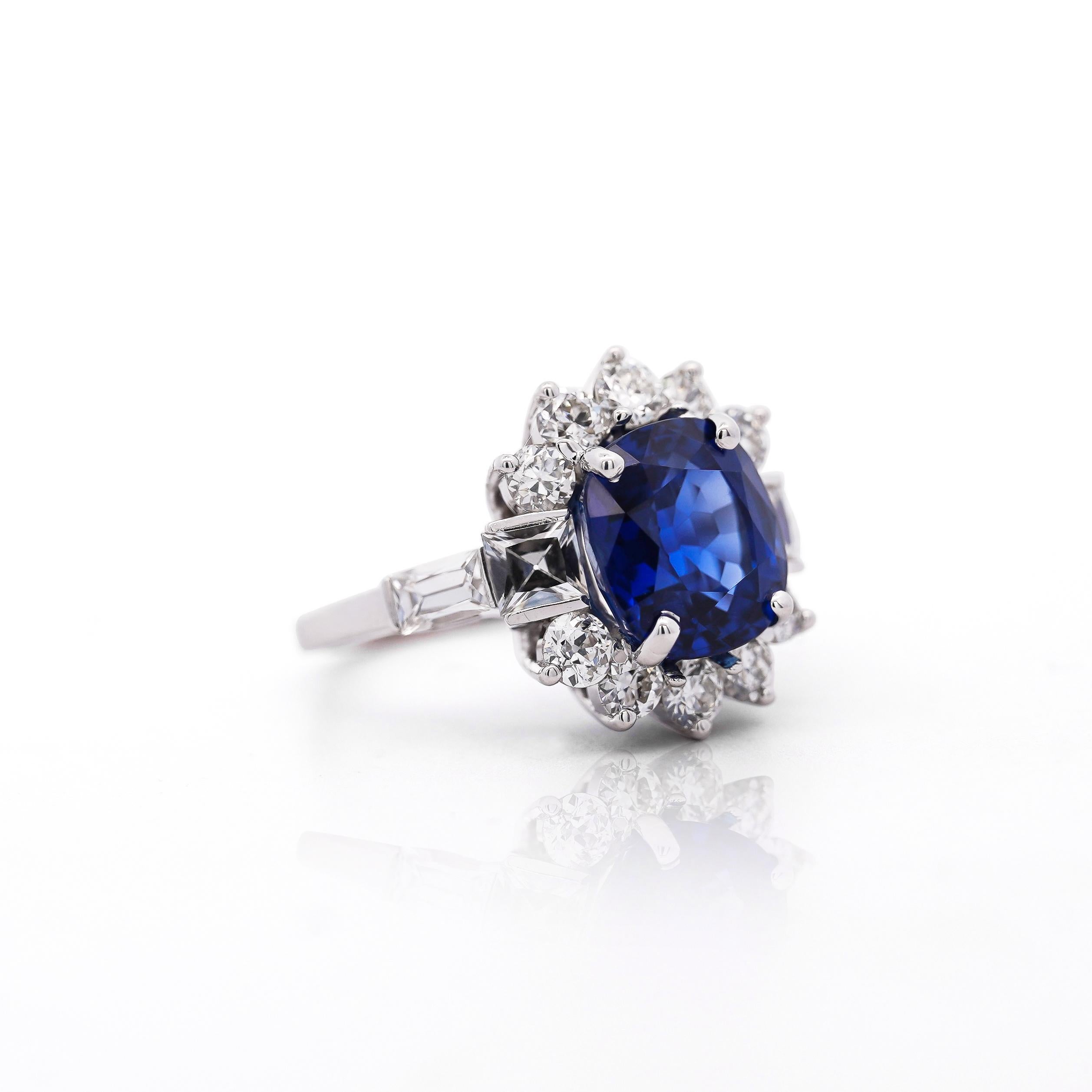 GIA Certified 5.35 Carat Cushion Cut Burma Sapphire Vintage Ring For Sale 2