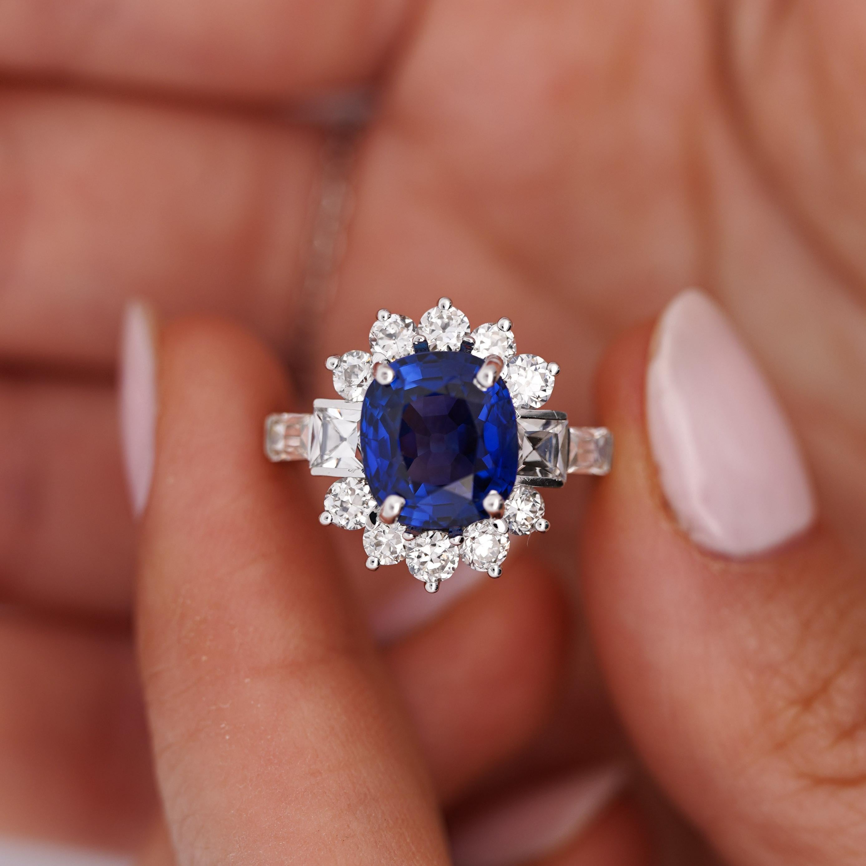 GIA Certified 5.35 Carat Cushion Cut Burma Sapphire Vintage Ring For Sale 3