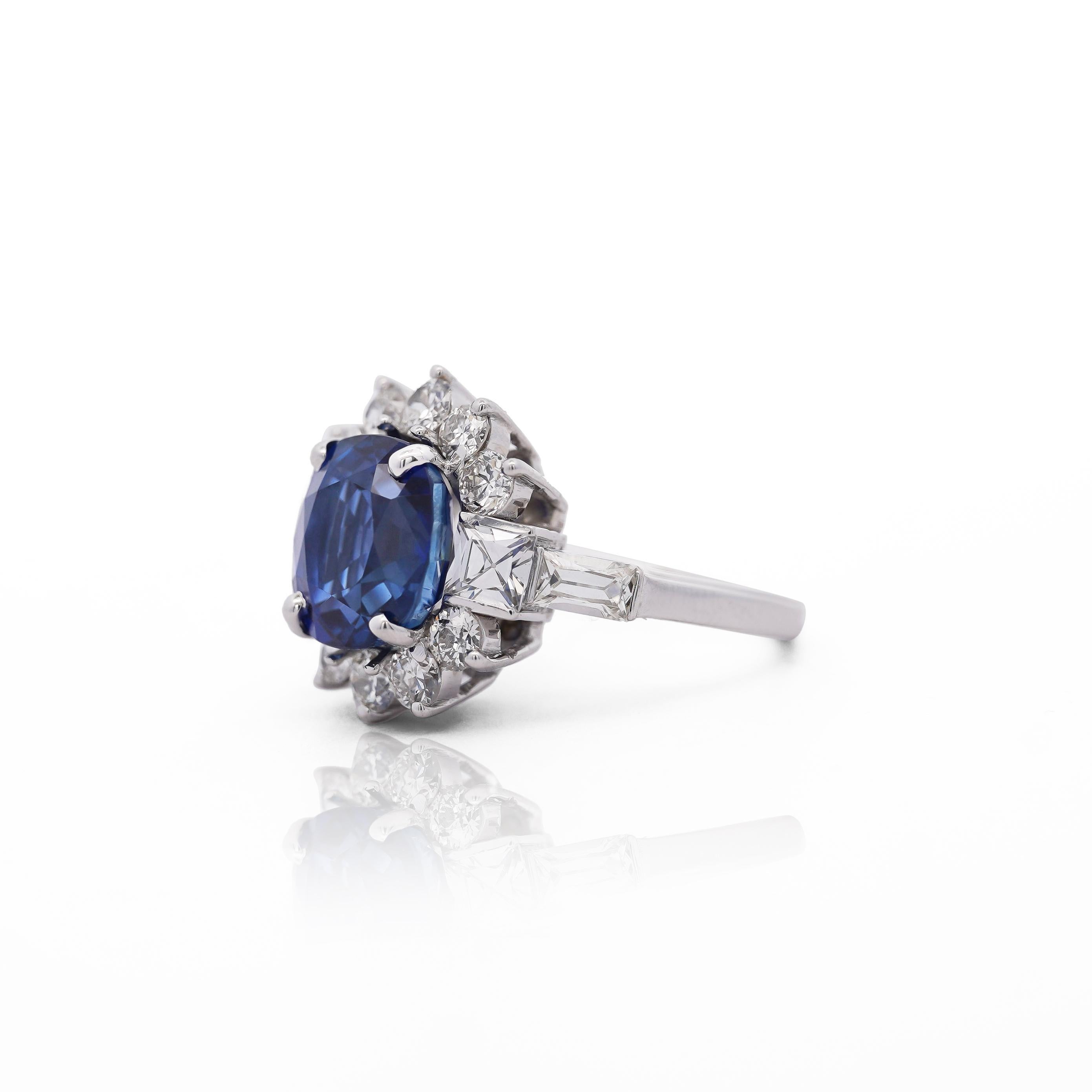 GIA Certified 5.35 Carat Cushion Cut Burma Sapphire Vintage Ring For Sale 4