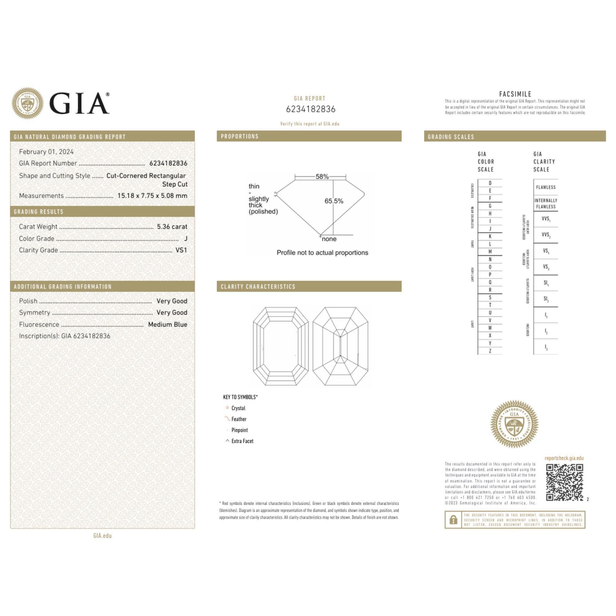 GIA Certified 5.36 carat emerald cut loose natural diamond with J color and VS1 clarity. This is a truly rare diamond due to its highly desirable elongated cut/shape, a 1.95 ratio. Almost has the dimensions of a marquise cut diamond.

Details:
Item