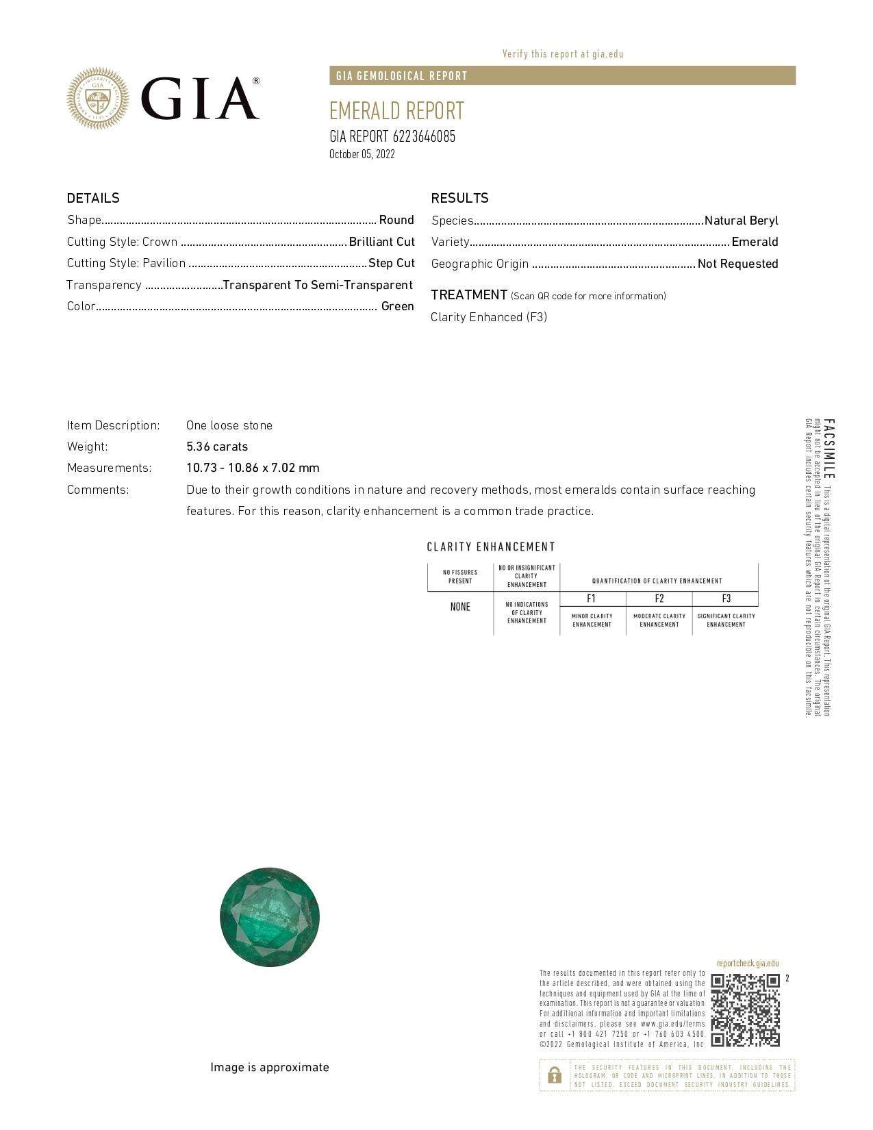GIA zertifiziert 5,36ct Smaragd F3 Runde 10,86 x 10,73 x 7,02 mm GIA #6223646085
Ein 5,36 Karat schwerer Smaragd ist ein bedeutender und teurer Edelstein, der wegen seiner Eleganz, seiner Seltenheit und seiner angeblichen therapeutischen Wirkung