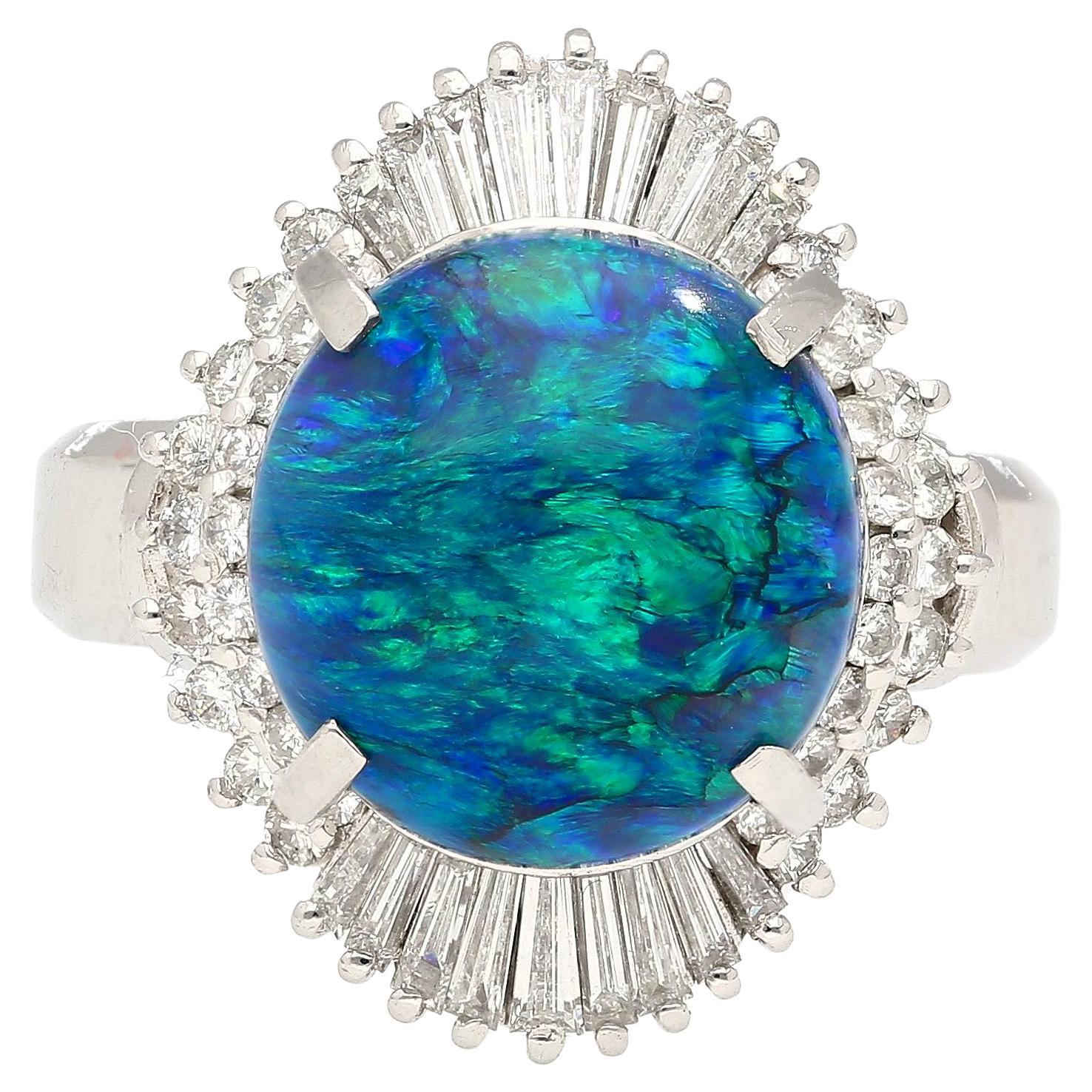 GIA Certified 5.38 Carat Black Opal and Diamond Ballerina Vintage Platinum Ring