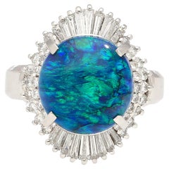 GIA Certified 5.38 Carat Black Opal and Diamond Ballerina Vintage Platinum Ring
