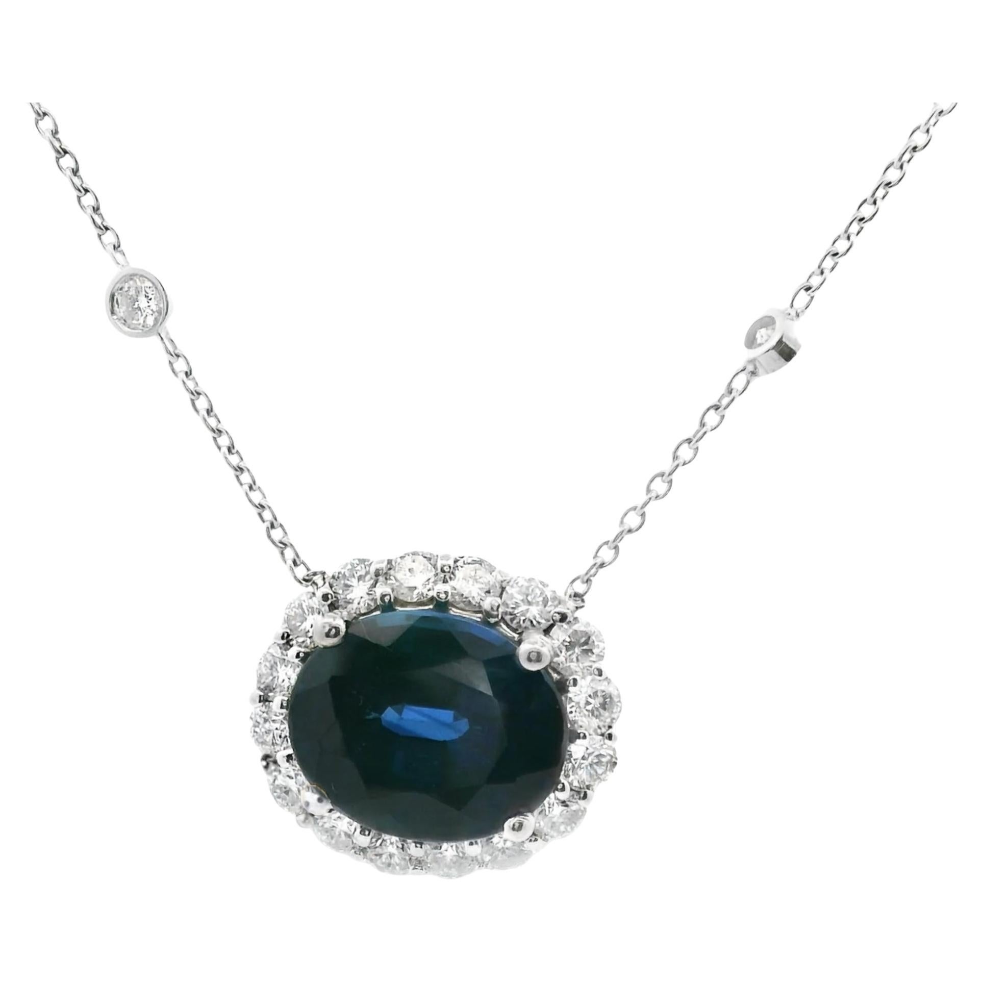 GIA Certified 5.38 Carat Oval Princess Diana Sapphire Diamond Pendant Necklace in vendita