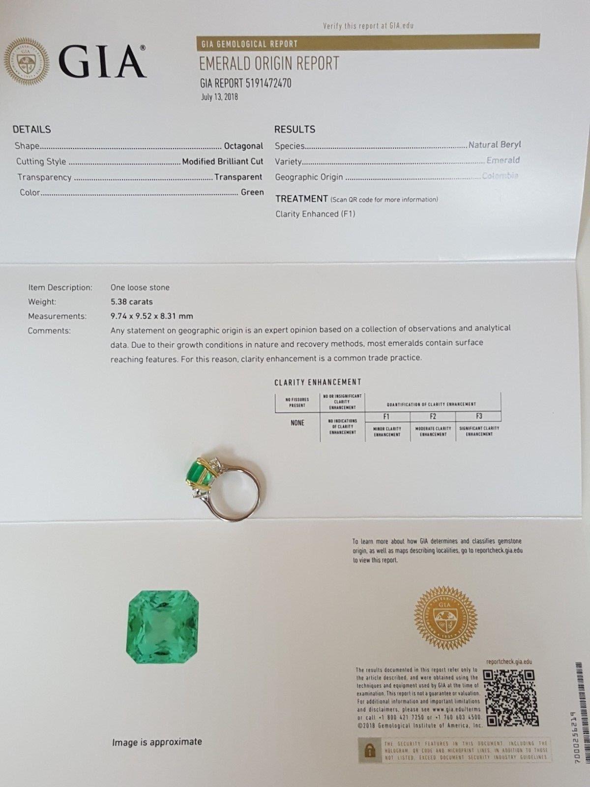 Modern GIA Certified 5.38 Minor Oil Colombian Emerald Diamond Ring