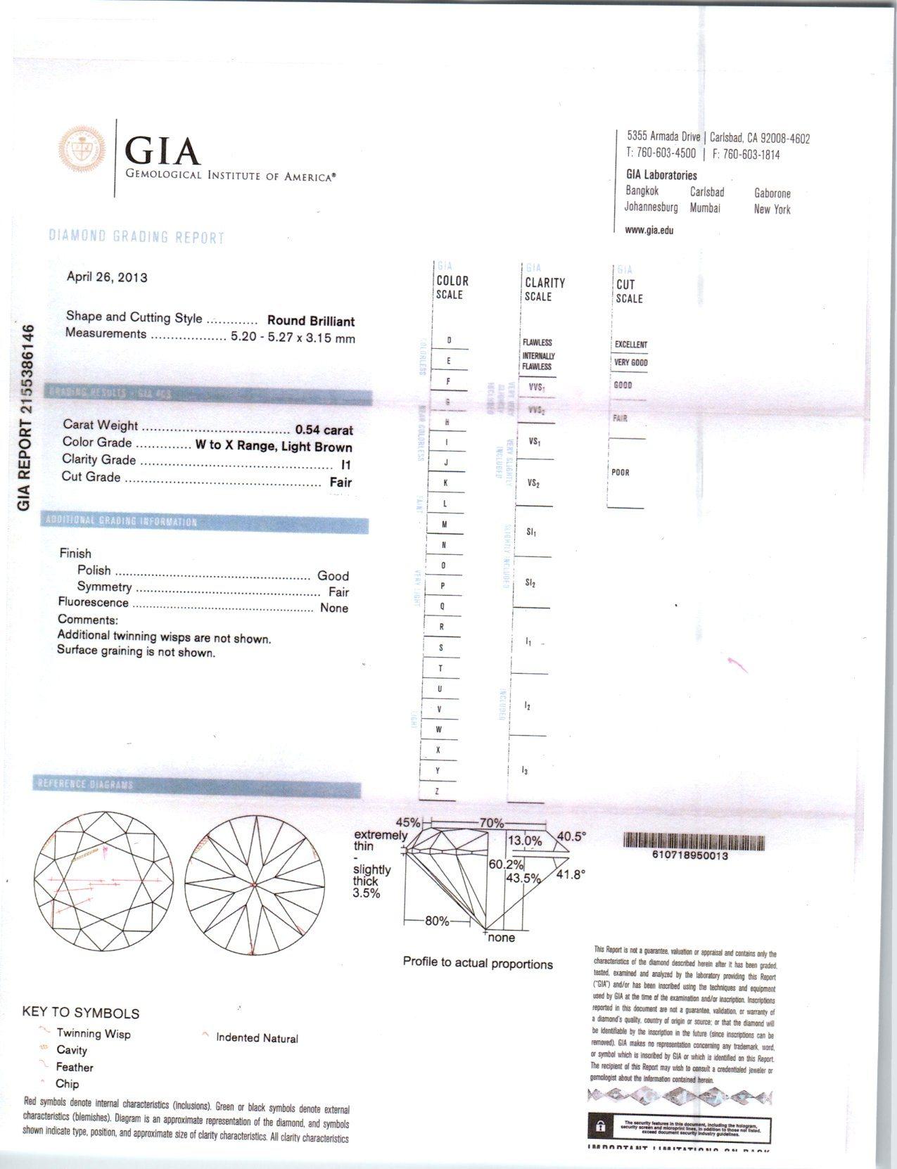 Women's GIA Certified .54 Carat Light Brown Diamond Platinum Ring For Sale