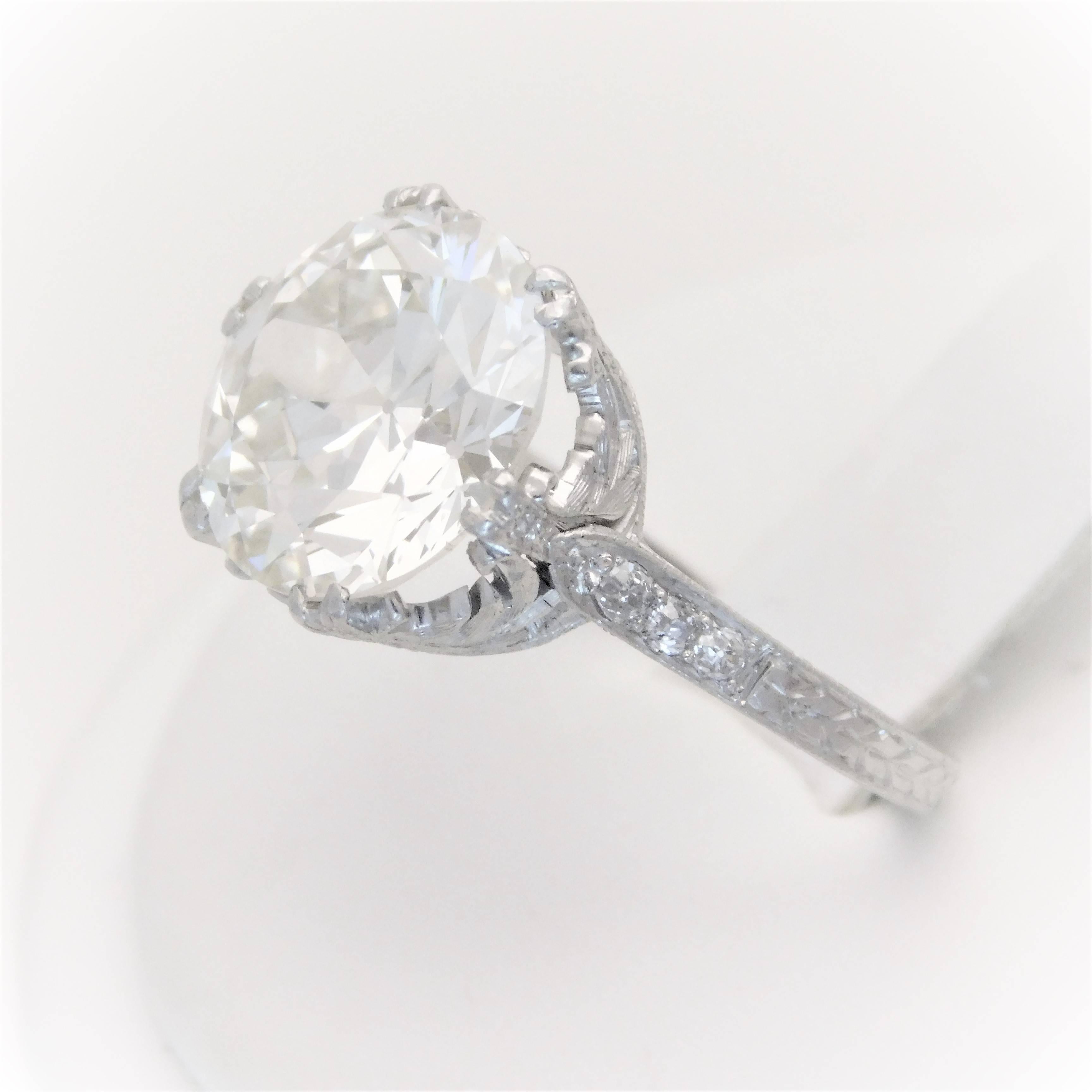 GIA Certified 5.41 Carat Art Deco Platinum Engagement Ring, circa 1930 7