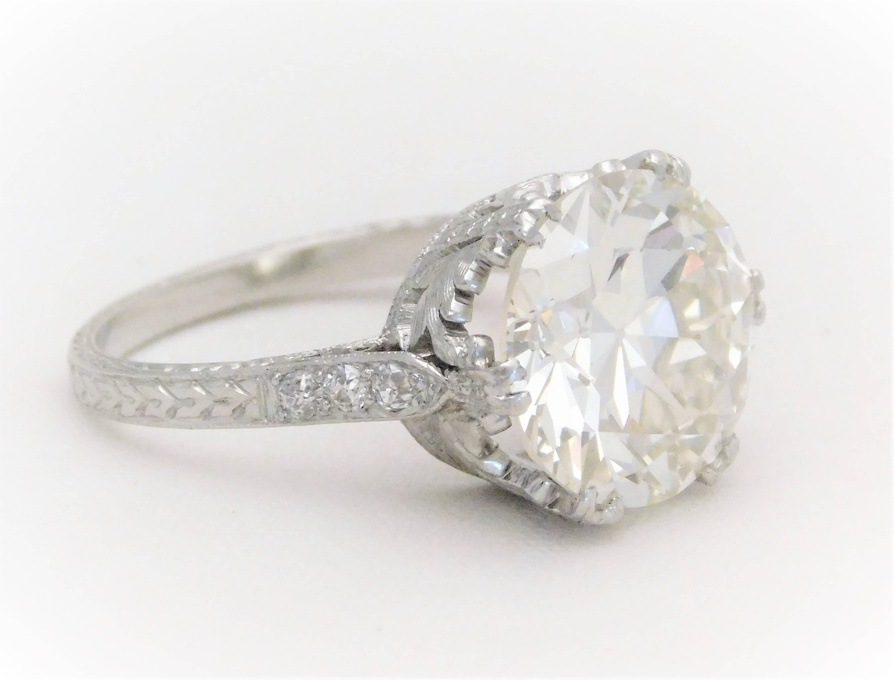 Round Cut GIA Certified 5.41 Carat Art Deco Platinum Engagement Ring, circa 1930