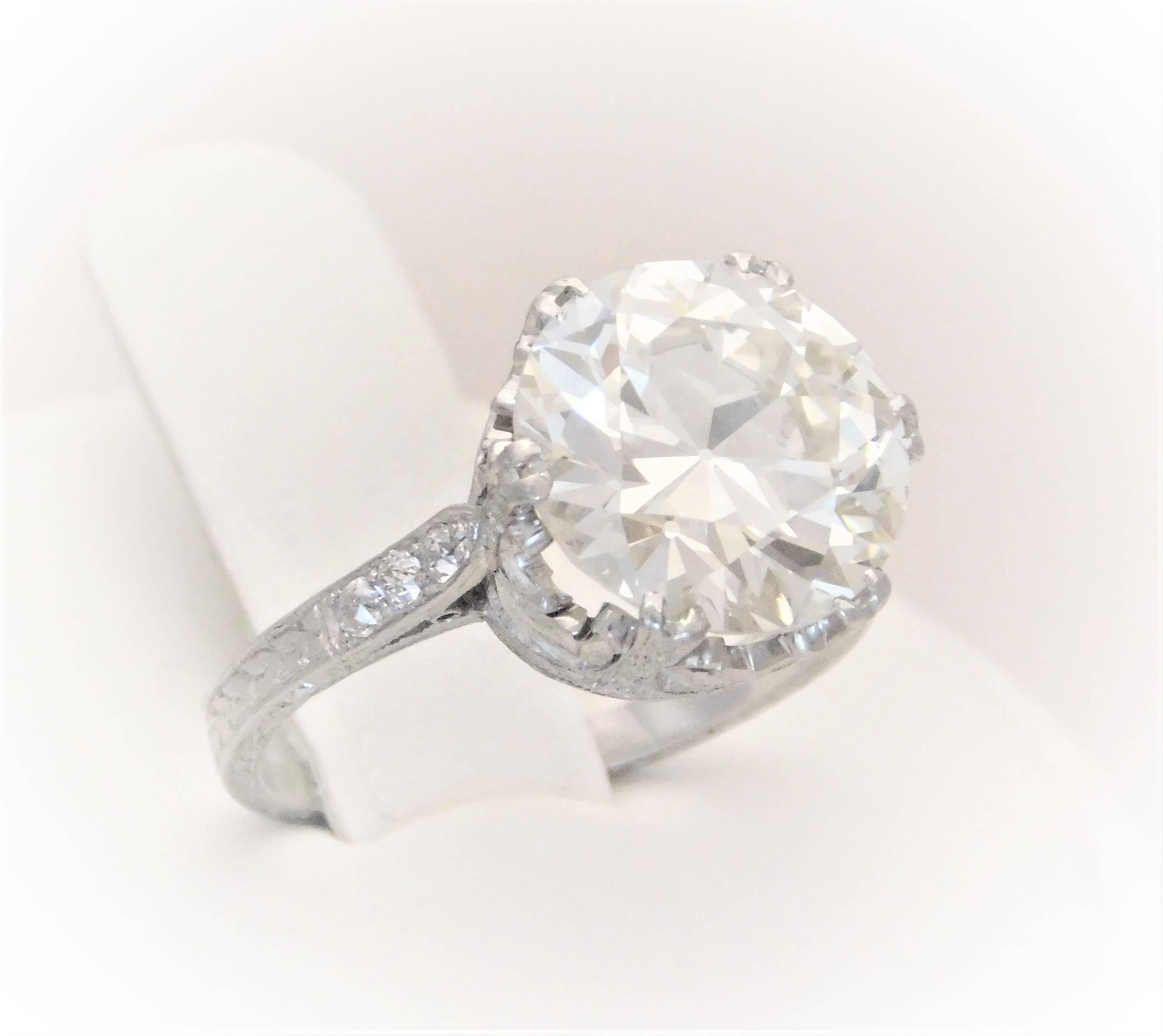 Women's GIA Certified 5.41 Carat Art Deco Platinum Engagement Ring, circa 1930