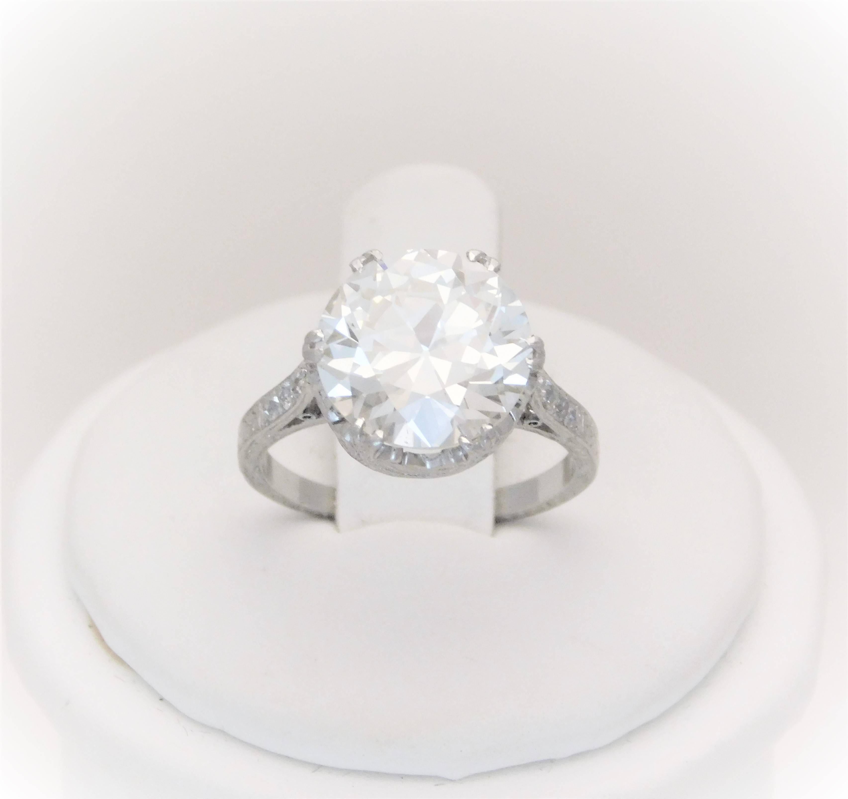 GIA Certified 5.41 Carat Art Deco Platinum Engagement Ring, circa 1930 1