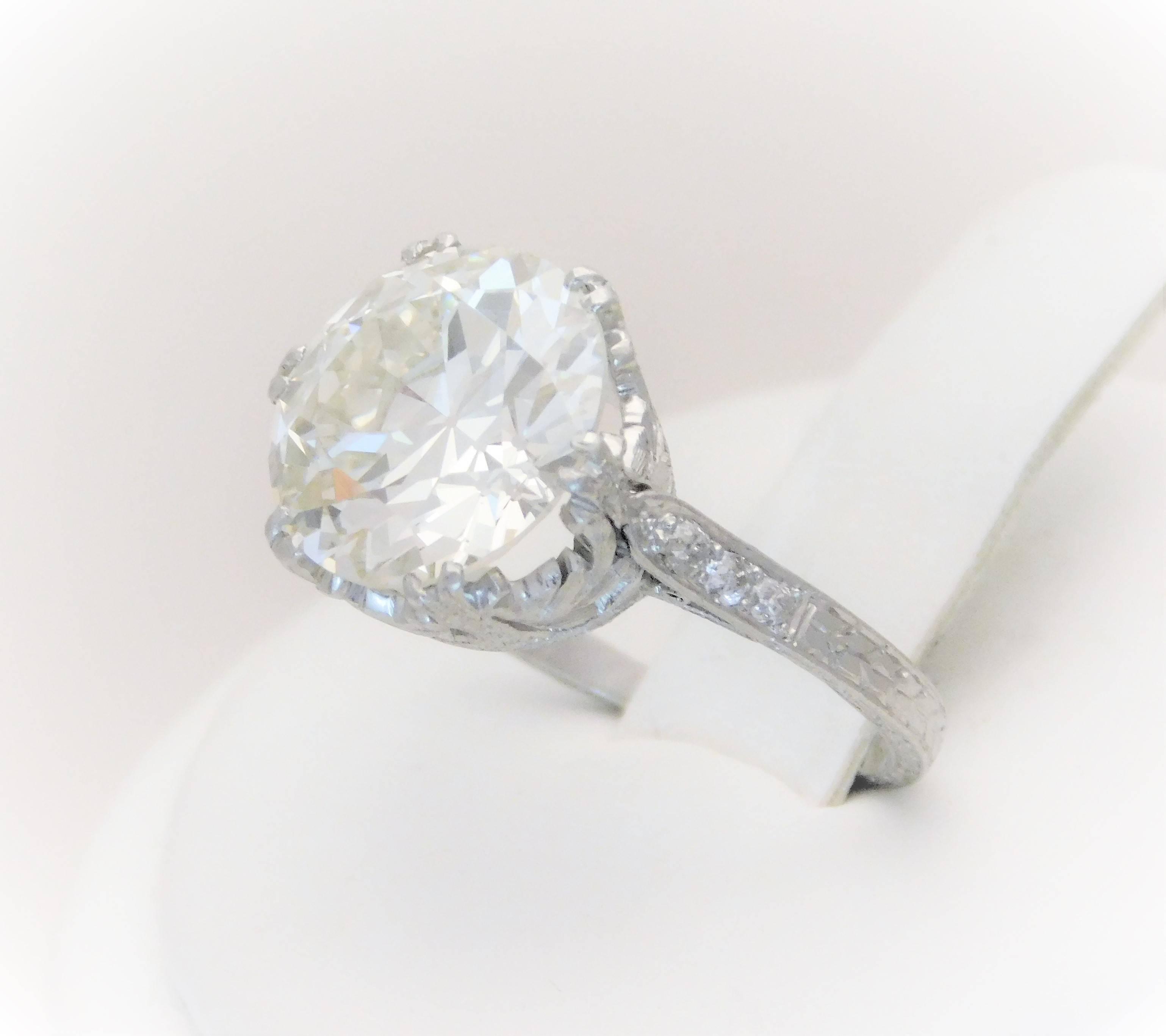 GIA Certified 5.41 Carat Art Deco Platinum Engagement Ring, circa 1930 2