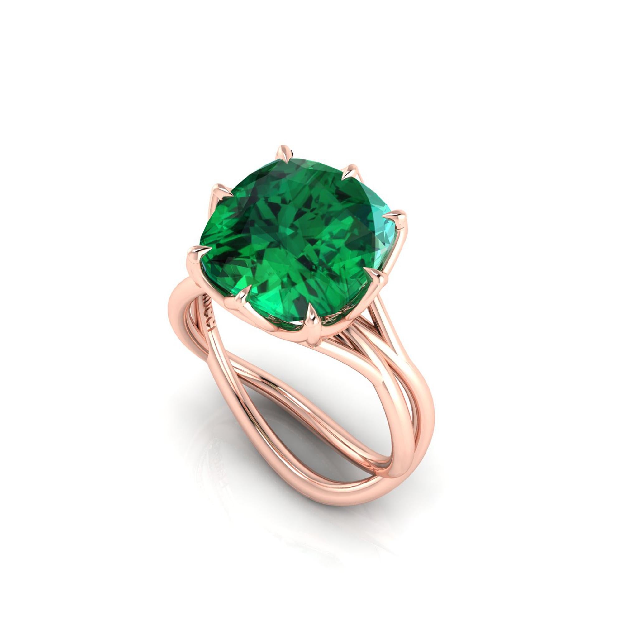 GIA Certified 5.42 Carat Emerald Cushion Cut in 18 Karat Rose Gold Cocktail Ring In New Condition In New York, NY