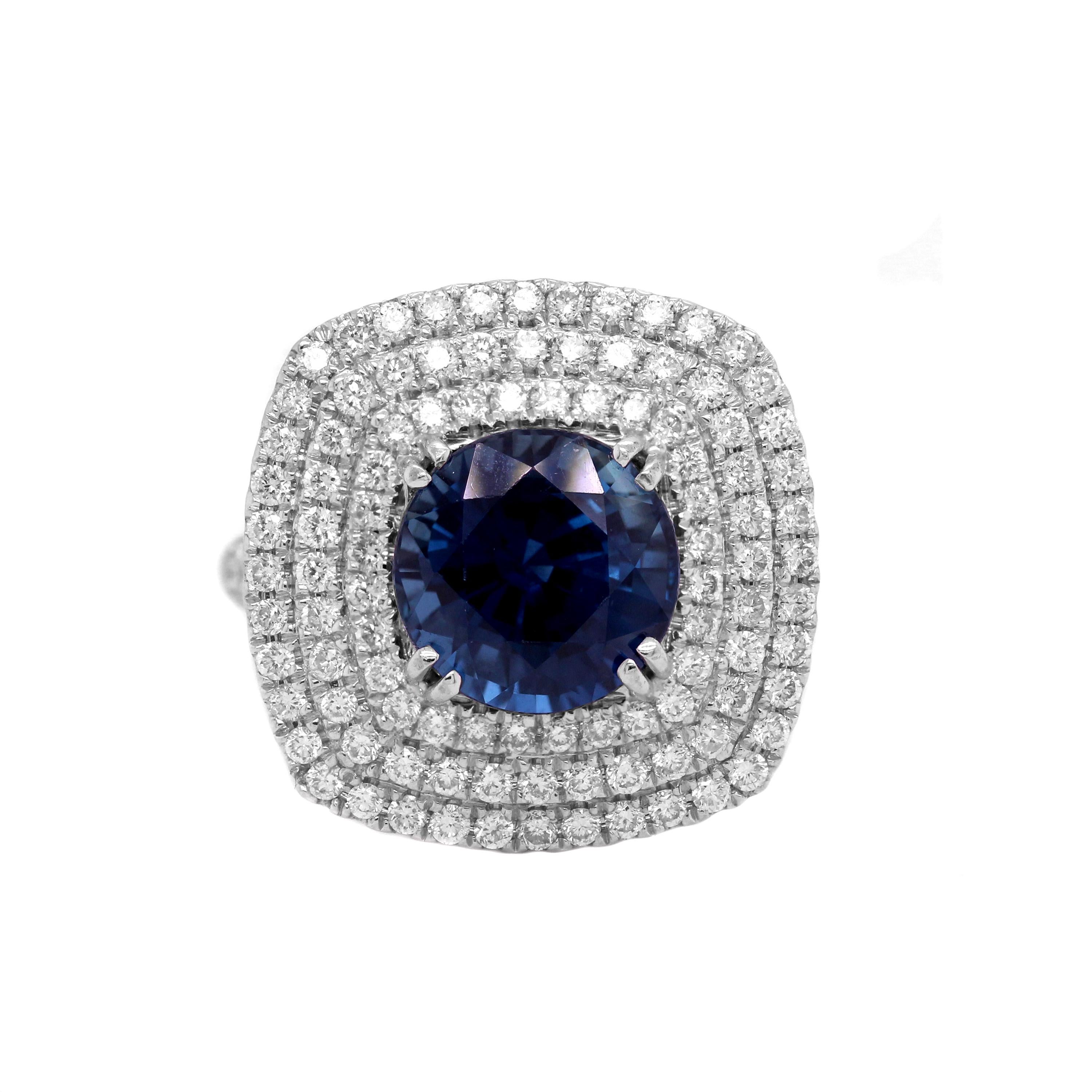14K White Gold and Diamond Cocktail Ring with No Heat GIA Certified Blue Sapphire center

5.42 carat GIA Certified Round Blue Sapphire No Heat
GIA Report #: 1206379471
Sapphire Measures 9.75 x 9.81 x 7.29 mm
Origin: Thailand
NO HEAT

Apprx. 2 carat