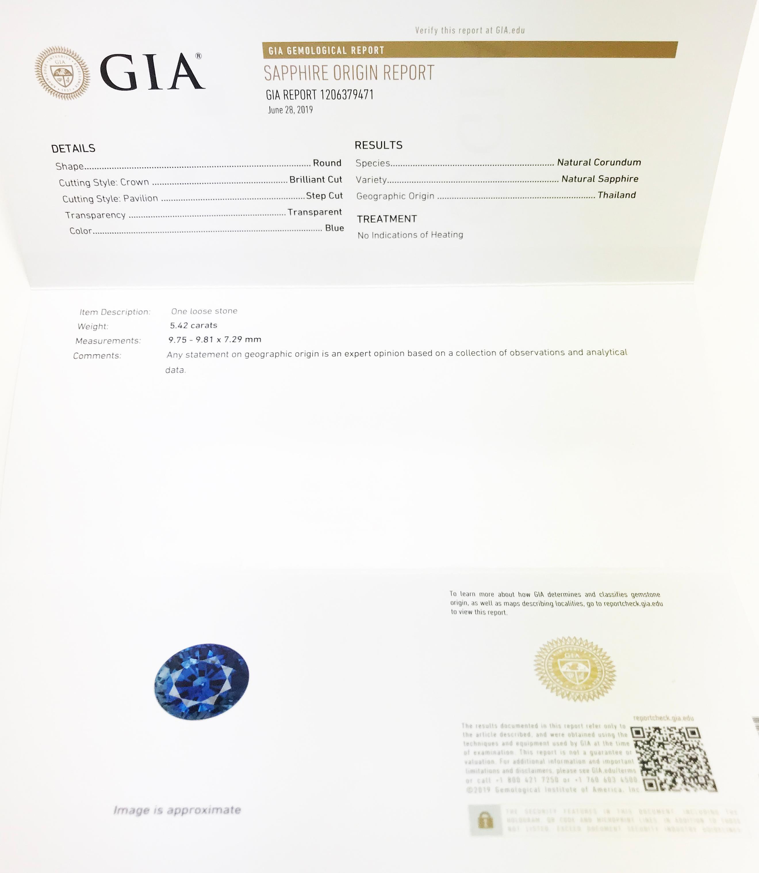 Round Cut GIA Certified 5.42 Carat Round Blue Sapphire No Heat Diamond Ring