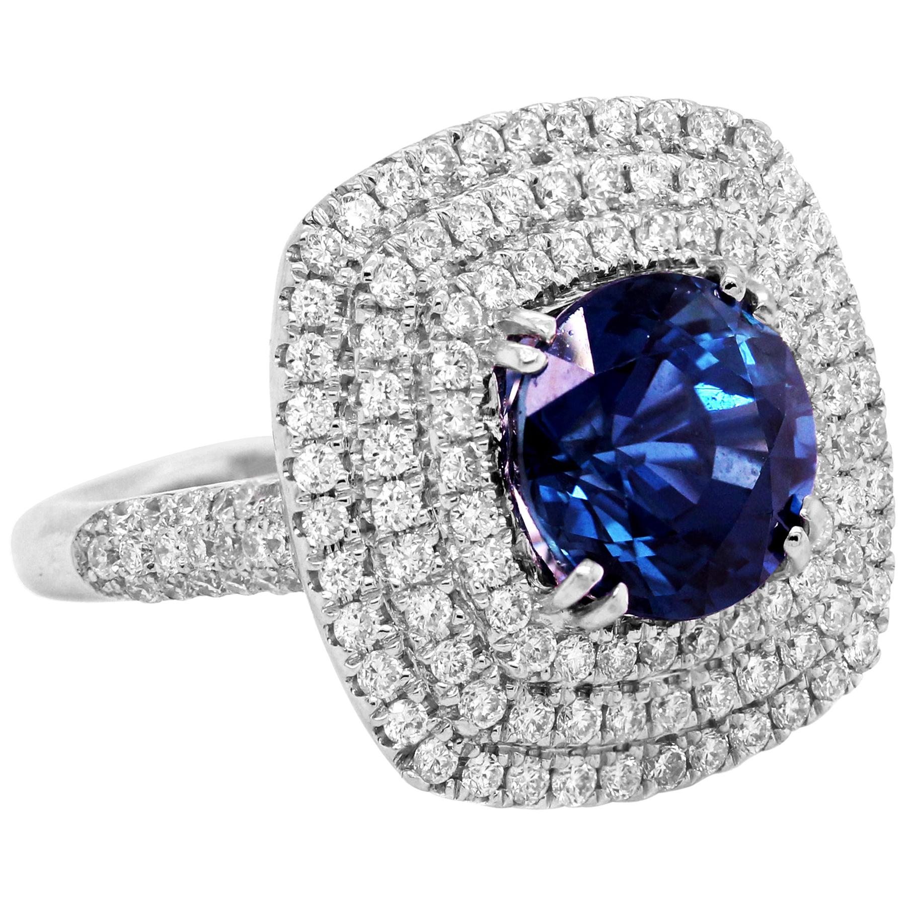 GIA Certified 5.42 Carat Round Blue Sapphire No Heat Diamond Ring