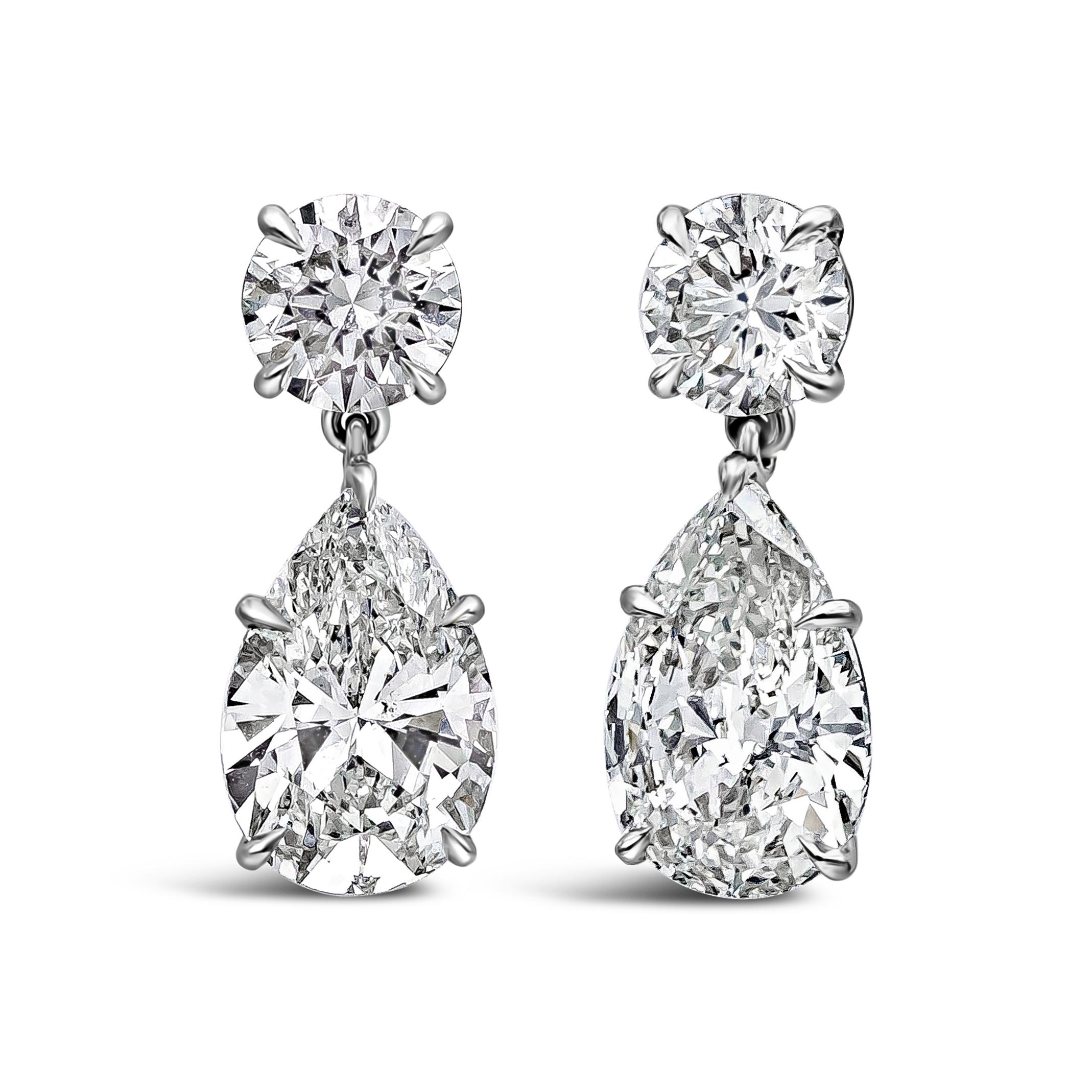 Contemporary GIA Certified 5.43 Carat Total Pear and Round Diamond Dangle Drop Earrings For Sale