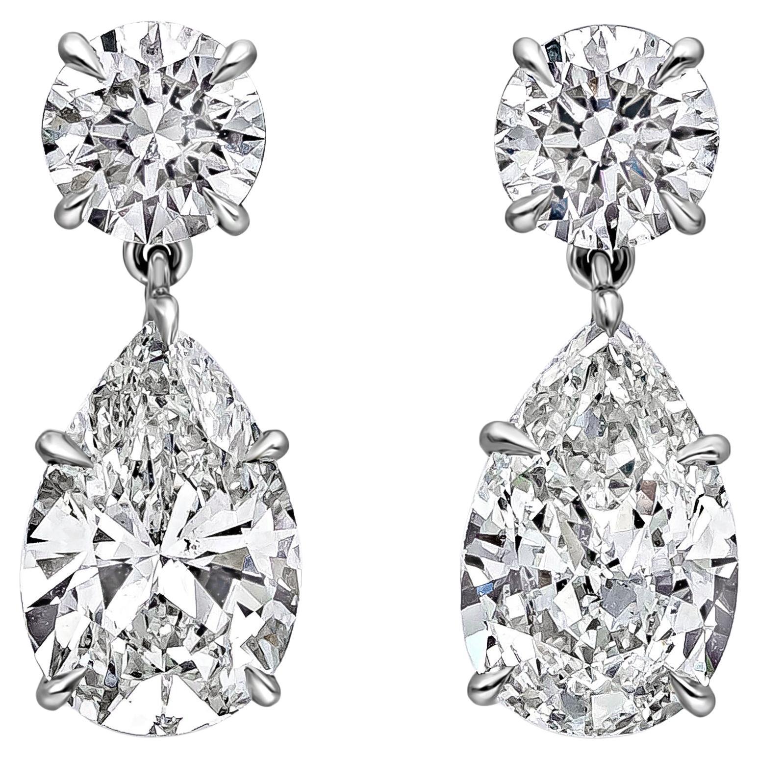 GIA Certified 5.43 Carat Total Pear and Round Diamond Dangle Drop Earrings For Sale