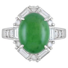 Vintage GIA Certified 5.43 Carat Very Fine Natural Imperial Jade Ring Set with Diamonds