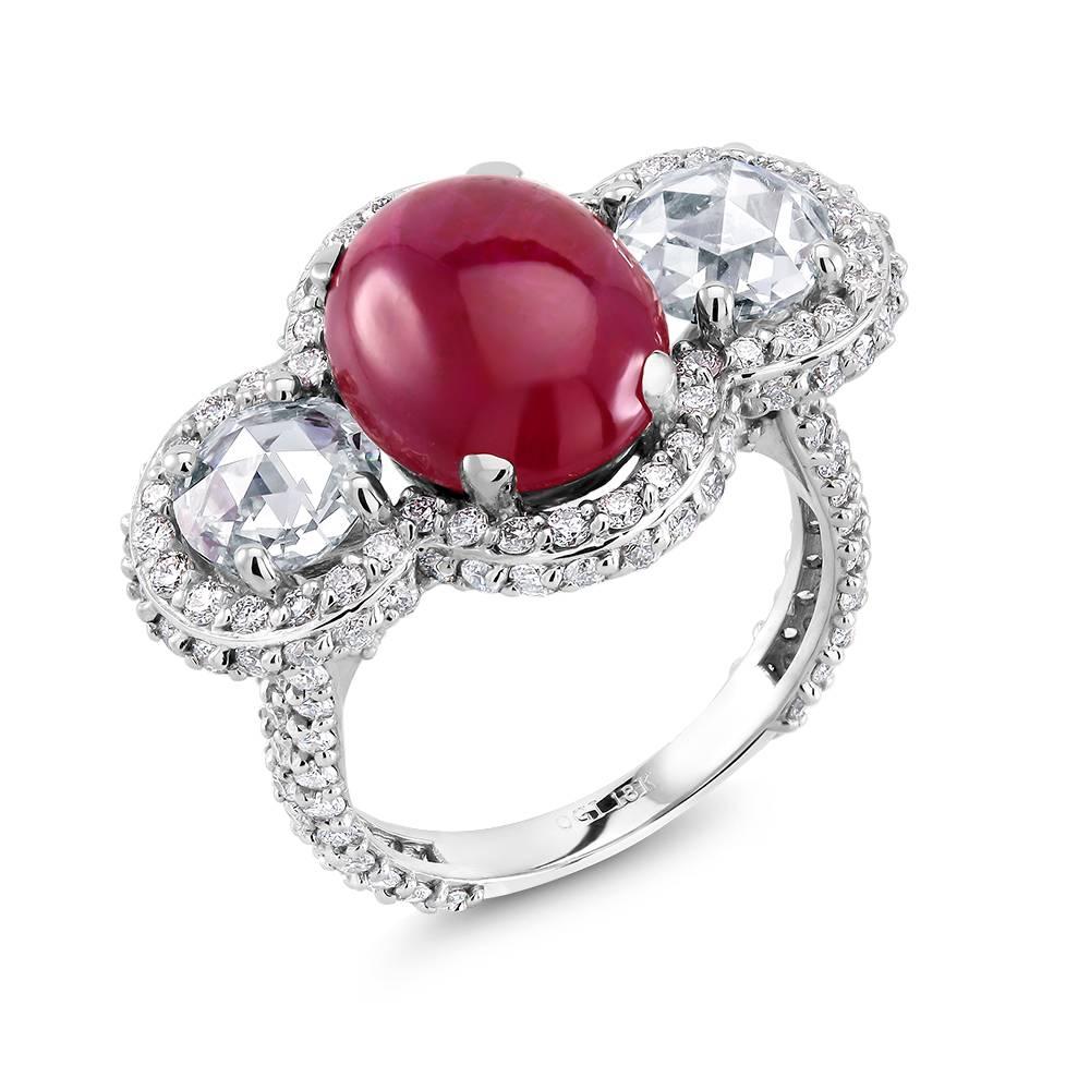 18 karat white gold ring
One of a Kind
5.45 Carat Burma ruby
GIA certificate Country of Origin Myanmar
Two old mine diamonds weighing 1.40 carats 
Pave set diamond weighing 2 carats
Ring size 6.5 In Stock
Ring can be resized 
GIA Certificate #
