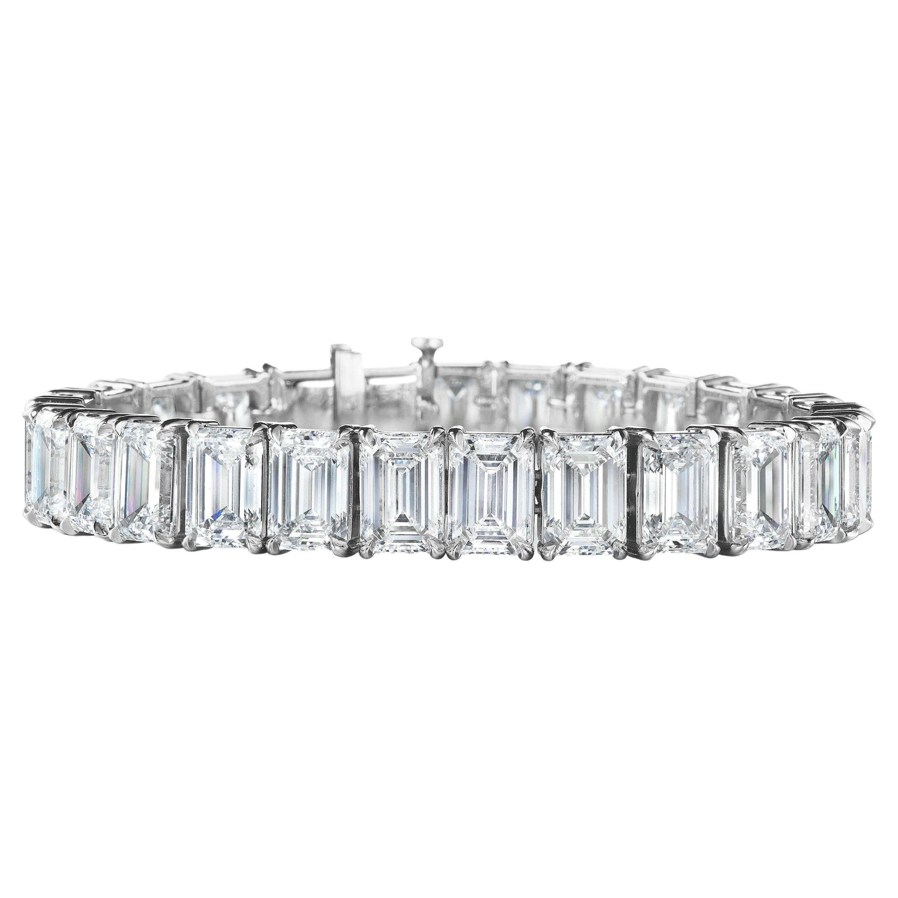 GIA Certified 54.52 Carat Emerald Cut Diamond and Platinum Tennis Bracelet For Sale