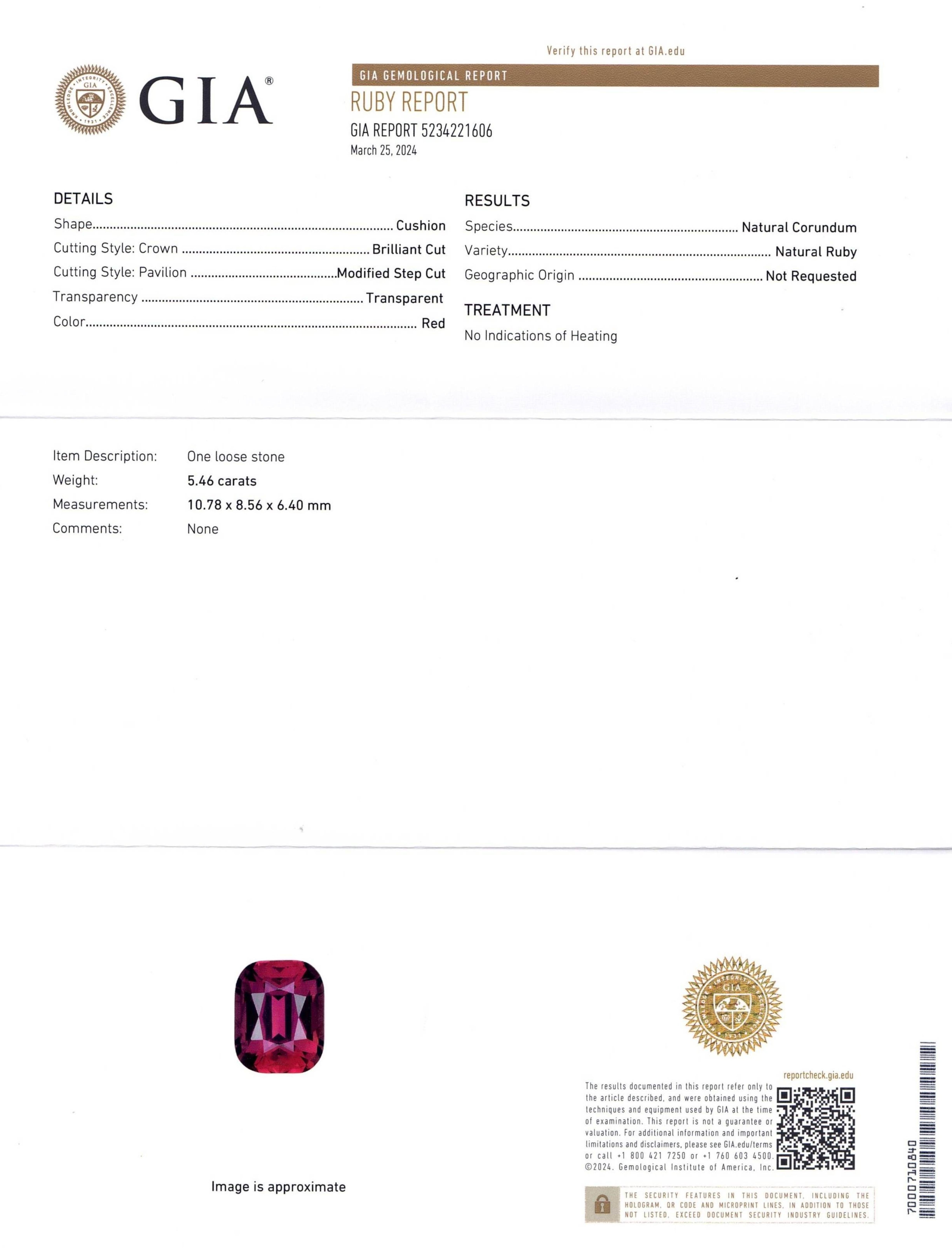 Cushion Cut GIA Certified 5.46 Carat No-Heat Ruby Ring with Trapezoid Diamonds For Sale