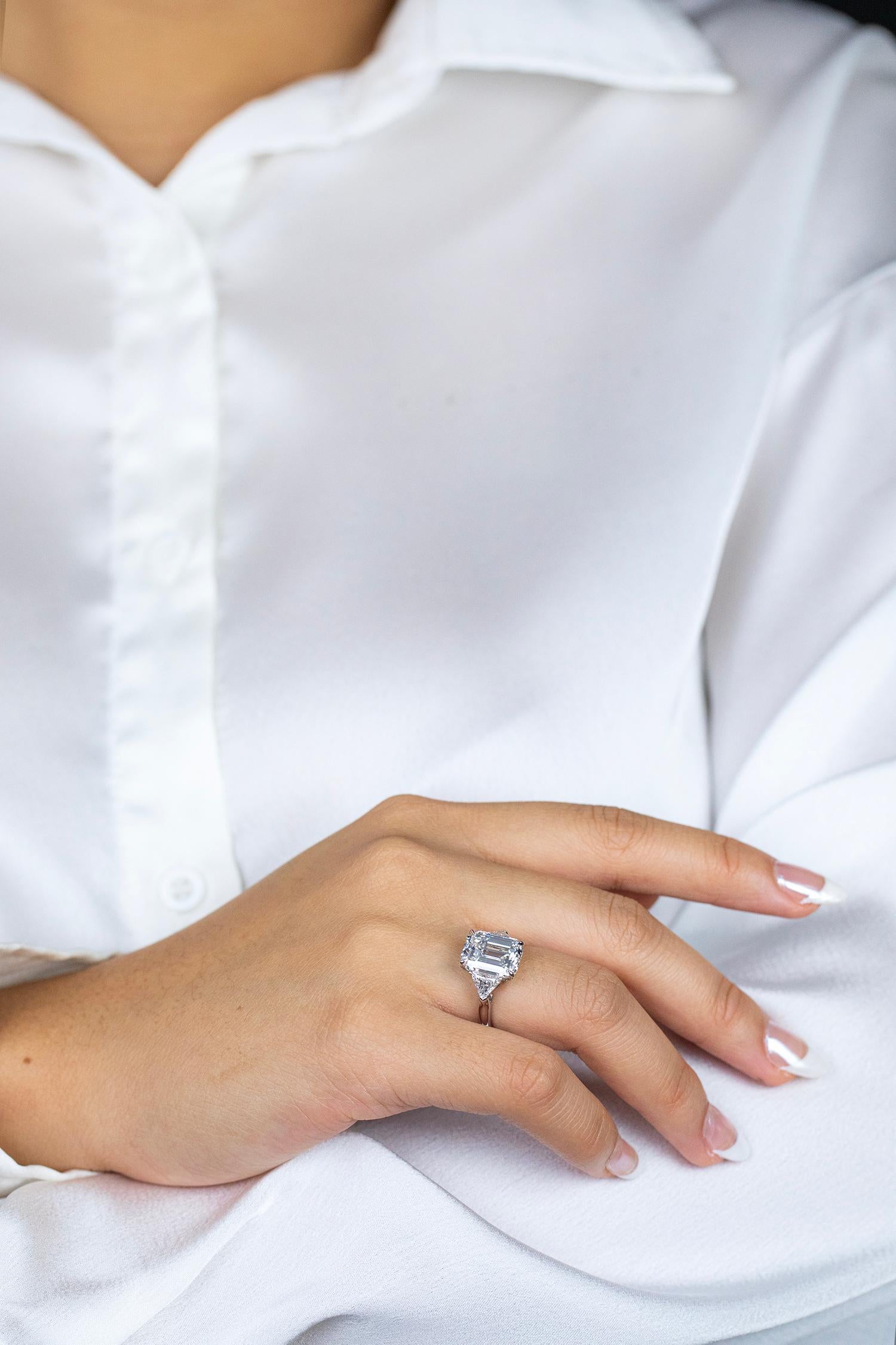 Contemporary GIA Certified 5.46 Carats Emerald Cut Diamond Three-Stone Engagement Ring
