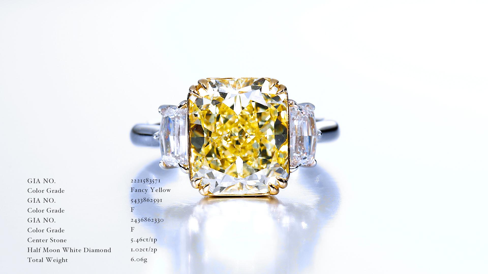 GIA Certified, 5.46ct Cushion cut Natural Fancy Yellow Diamond ring in 18KT Gold For Sale 2