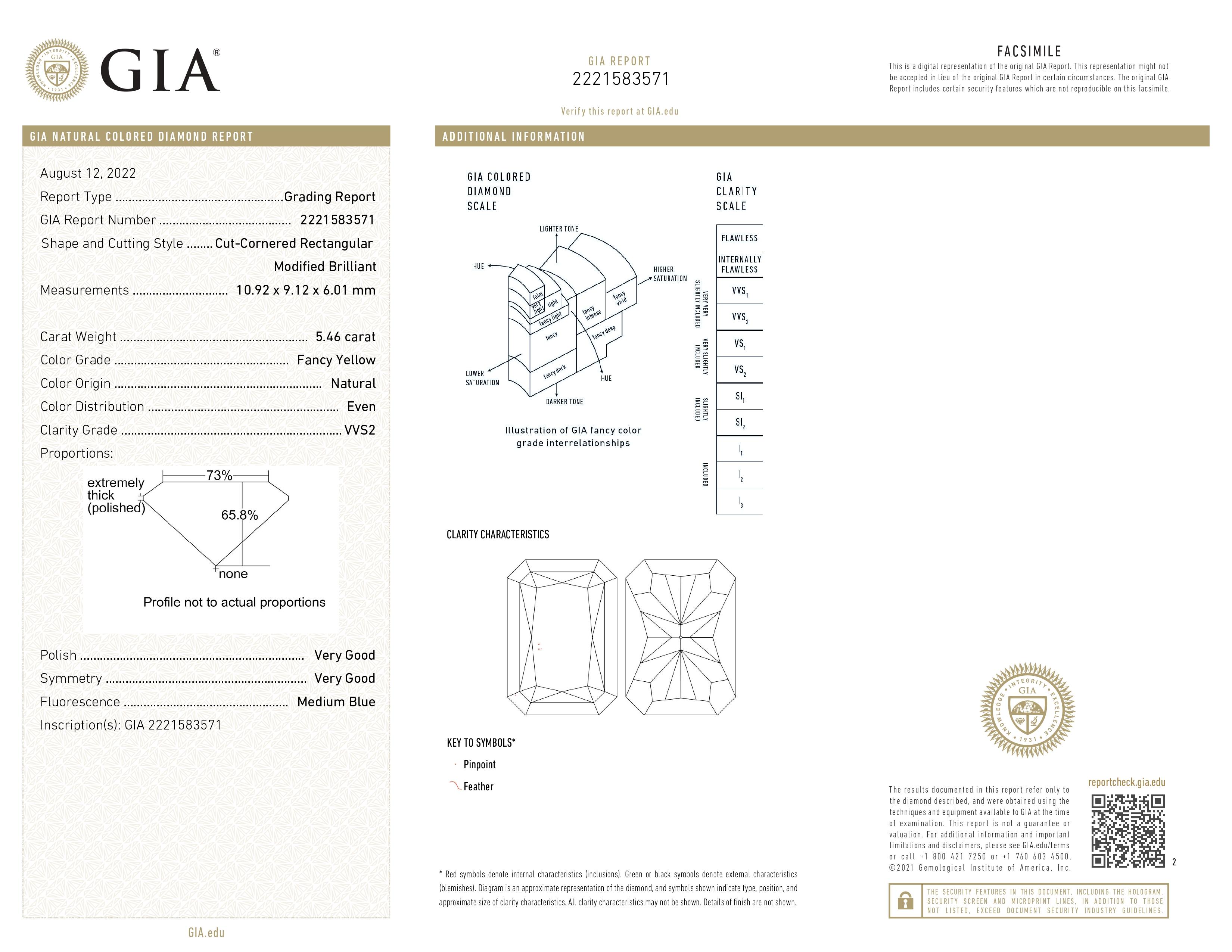 GIA Certified, 5.46ct Cushion cut Natural Fancy Yellow Diamond ring in 18KT Gold For Sale 3