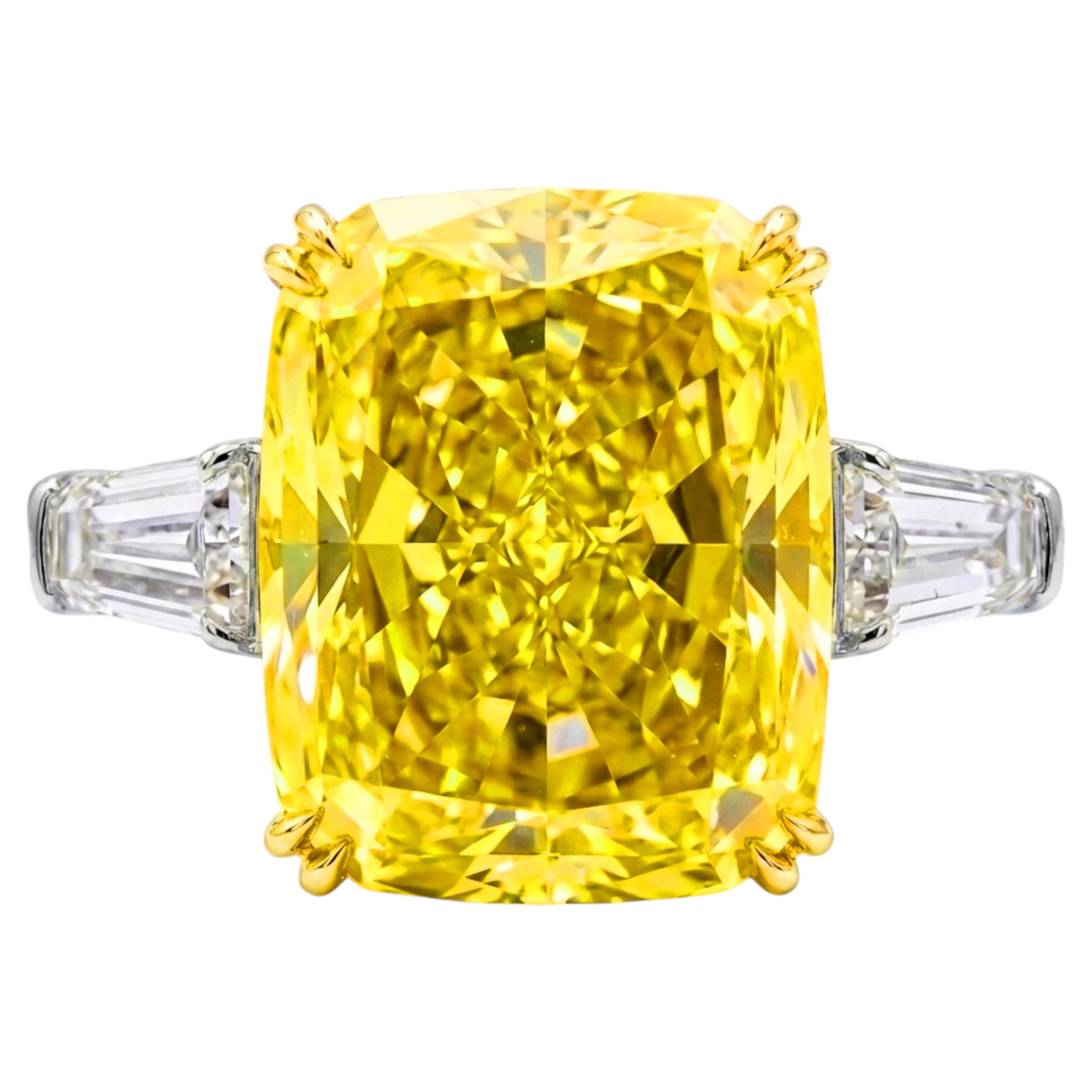 GIA Certified 5.48 Carat Fancy Vivid Yellow Diamond Three-Stone Ring