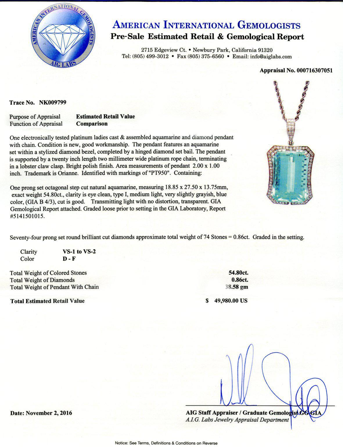 GIA Certified 54.80 Carat Aquamarine Pendant Necklace In New Condition For Sale In Encino, CA