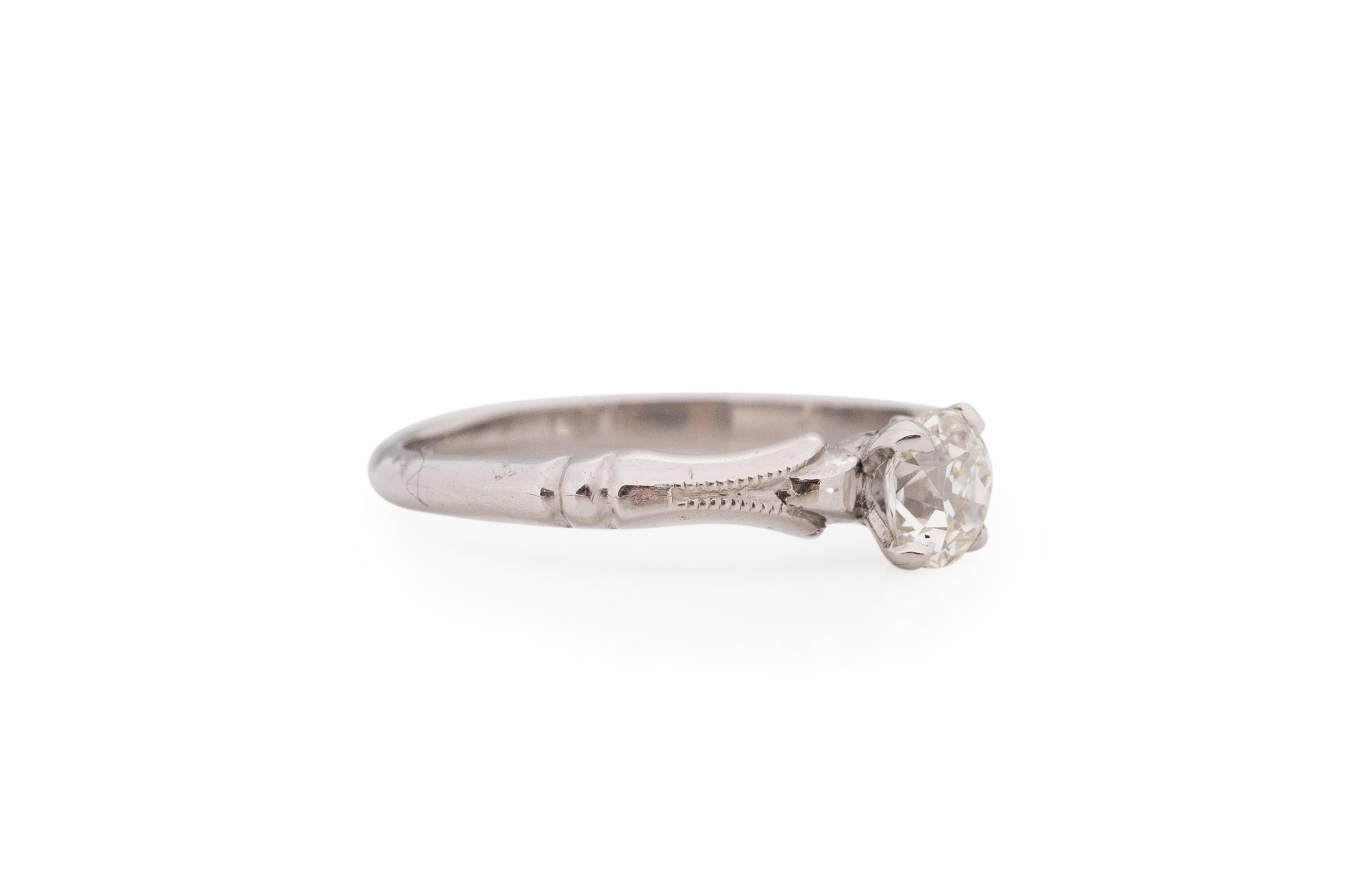 Ring Size: 6.25
Metal Type: Palladium [Hallmarked, and Tested]
Weight: 3.0 grams

Center Diamond Details:
GIA REPORT #: 6213579931
Weight: .55 carat
Cut: Antique Cushion
Color: L
Clarity: VVS2
Measurements: 5.15mm x 4.37 x 3.17

Finger to Top of