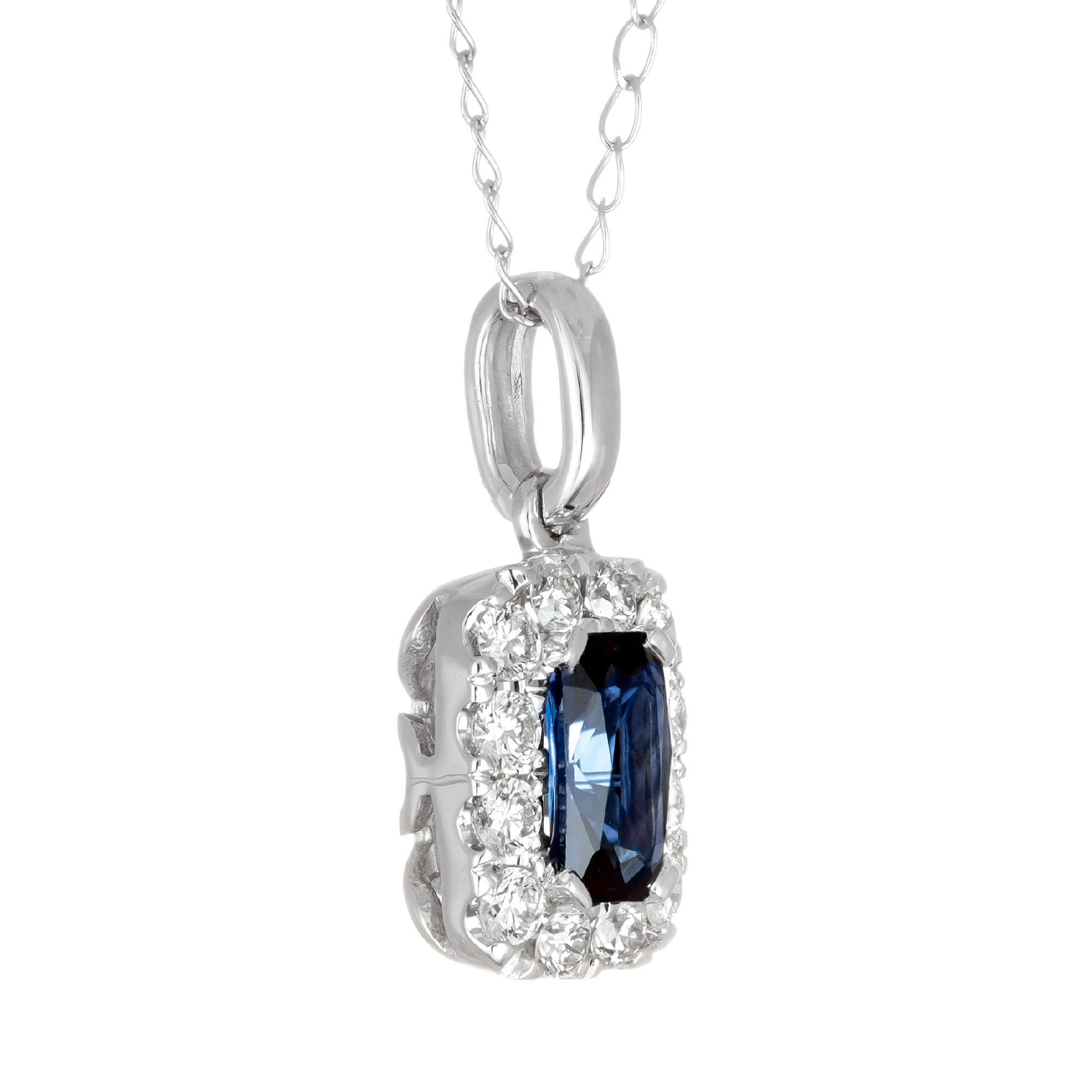 Round Cut GIA Certified .55 Carat Blue Sapphire Diamond White Gold Pendant Necklace For Sale