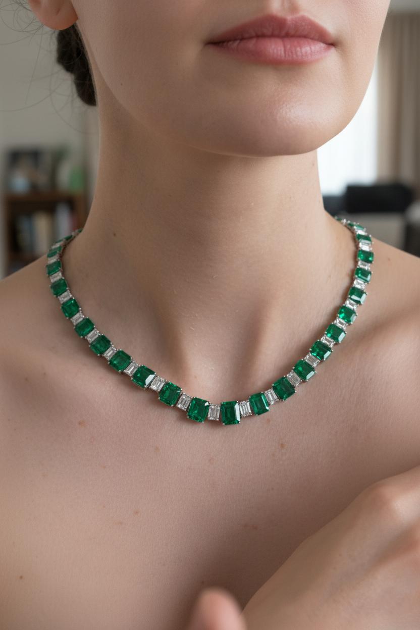 Taille émeraude Collier d'émeraudes colombiennes et de diamants de 55 carats certifié par le GIA en vente
