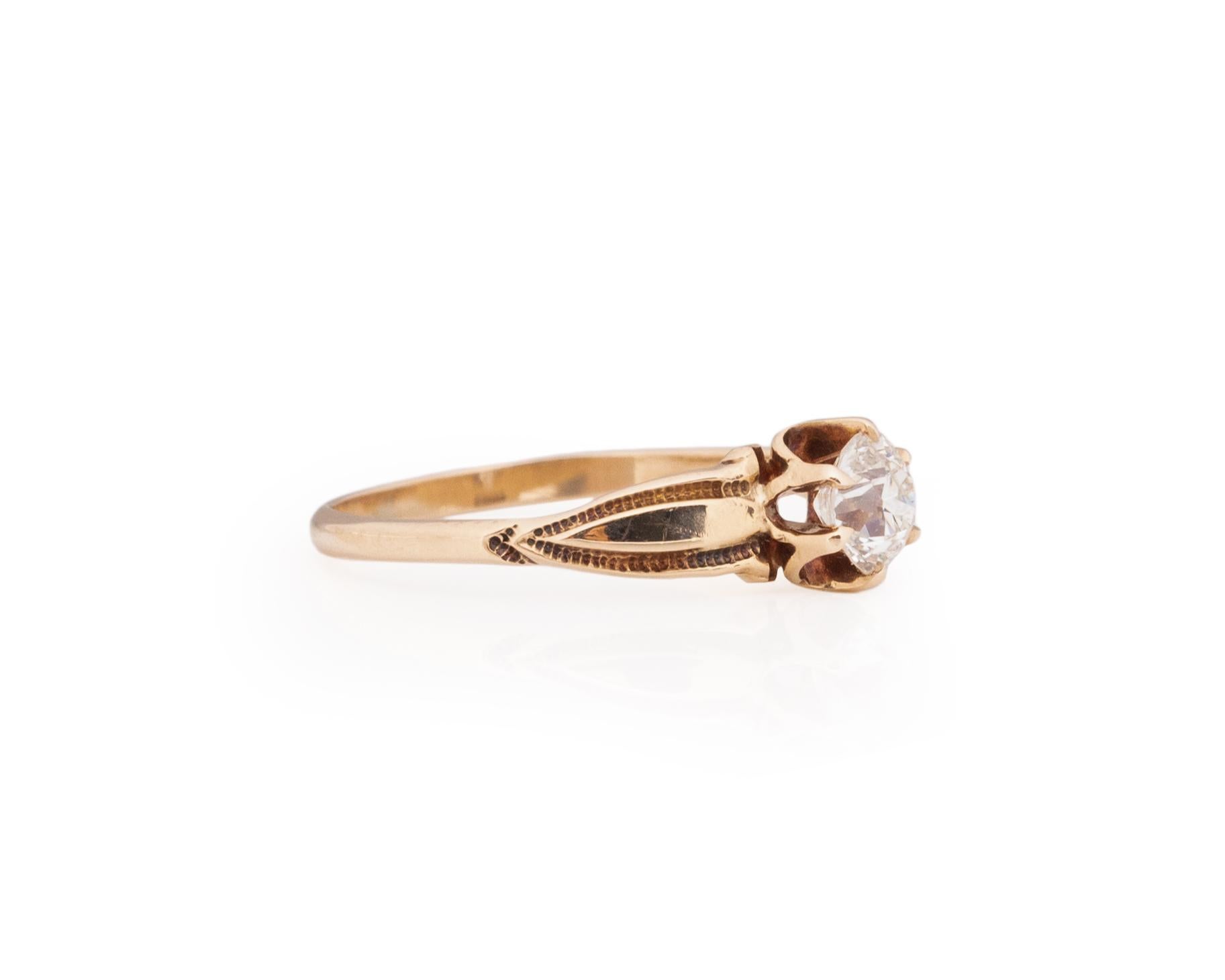 Ring Size: 7.5
Metal Type: 14k Yellow Gold [Hallmarked, and Tested]
Weight: 2.0 grams

Diamond Details:
GIA REPORT #: 6223402809
Weight: .55ct
Cut: Old European brilliant
Color: I
Clarity: VS1
Measurements: 5.15mm x 4.97mm

Finger to Top of Stone