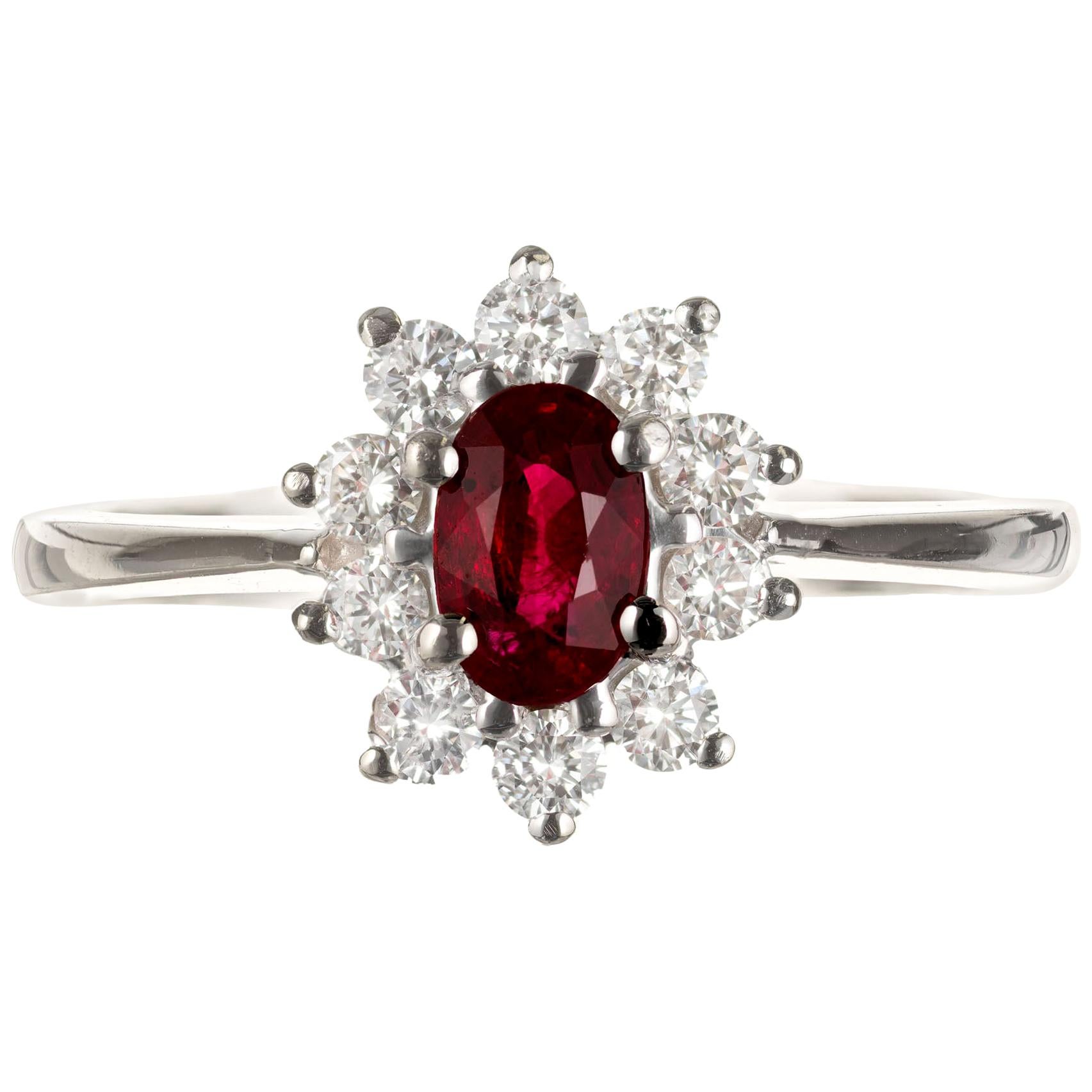 GIA Certified .55 Carat Oval Red Ruby Diamond White Gold Engagement Ring For Sale