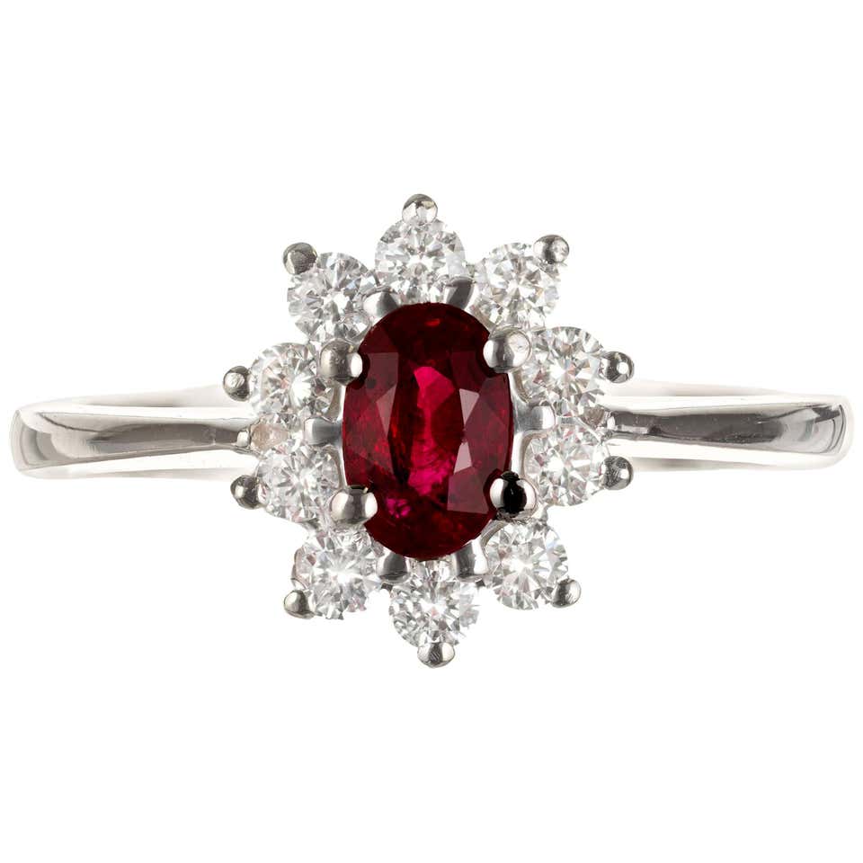 67 Ruby .67 Carat Ruby Diamond Halo Platinum Ballerina Engagement Ring For Sale ...