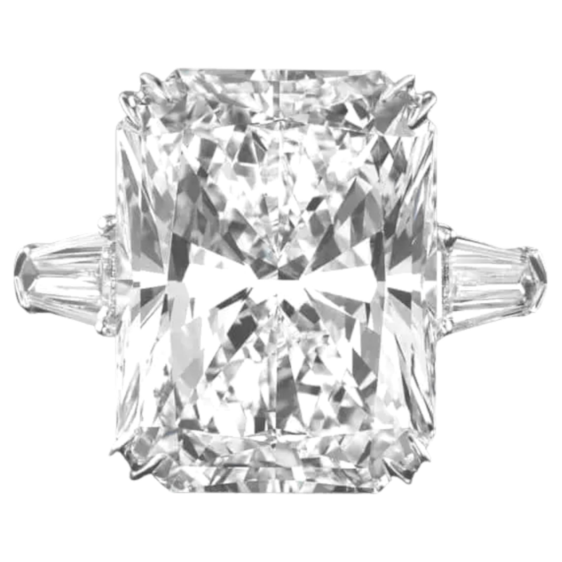 Contemporary GIA Certified 5.01 Ct Radiant Cut Diamond Ring with Tapered Baguette in Platinum For Sale