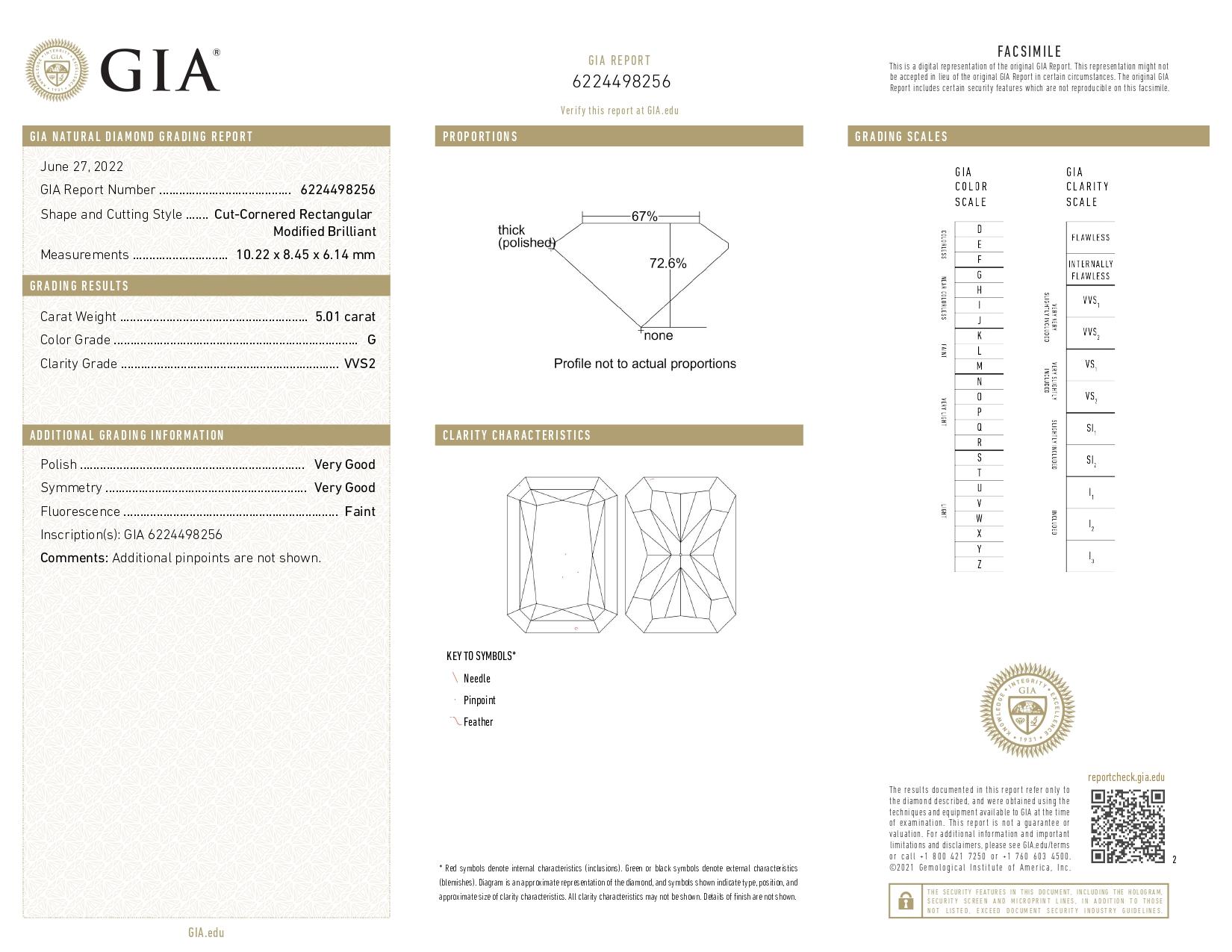 GIA Certified 5.01 Ct Radiant Cut Diamond Ring with Tapered Baguette in Platinum In New Condition For Sale In Chicago, IL