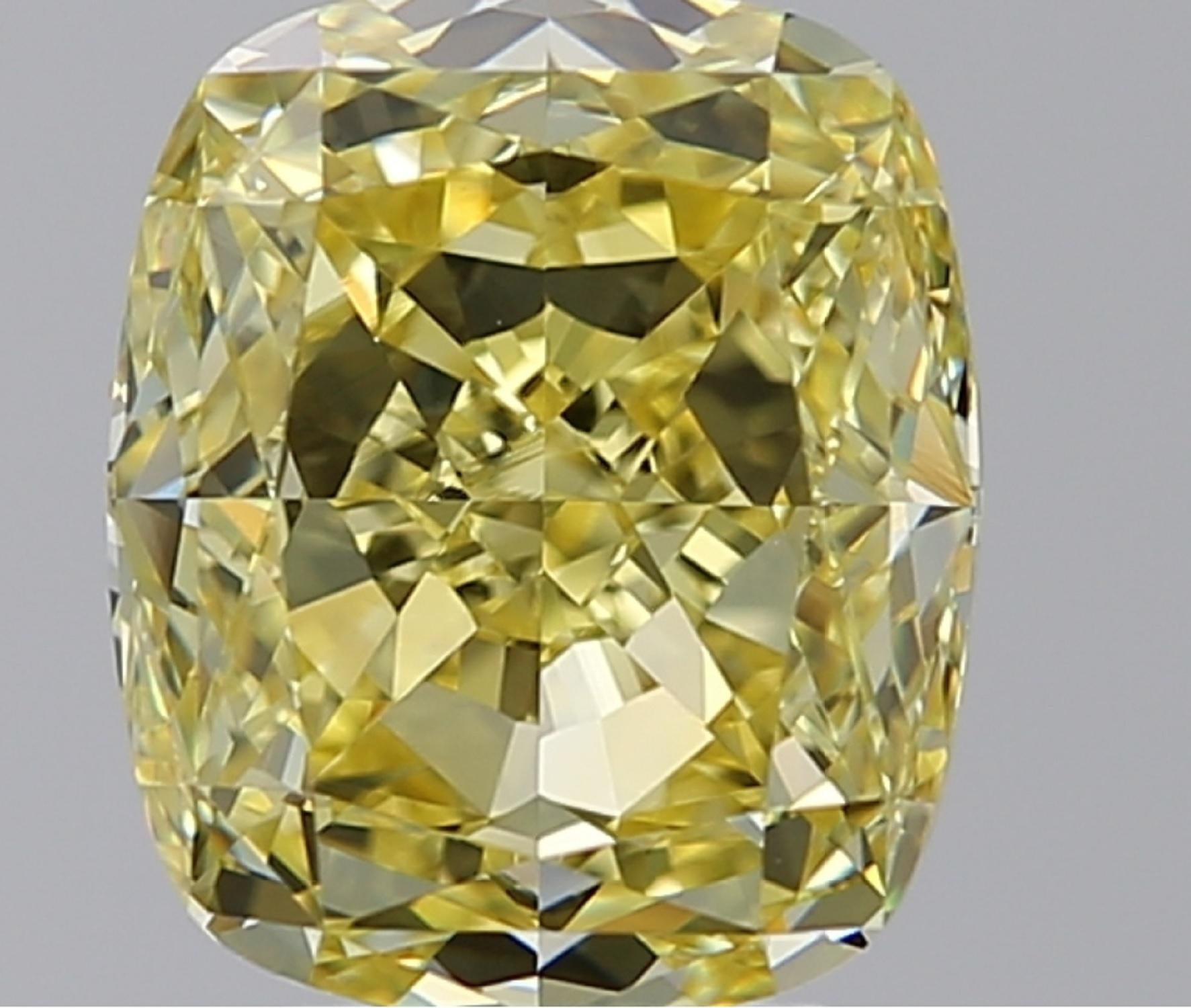 Contemporary GIA Certified 5 Carat Fancy Yellow Cushion Diamond Ring For Sale