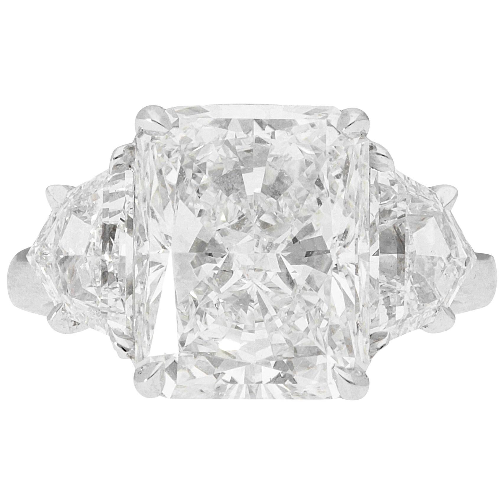 GIA Certified 5.52 Carat Radiant Three Stone Ring For Sale