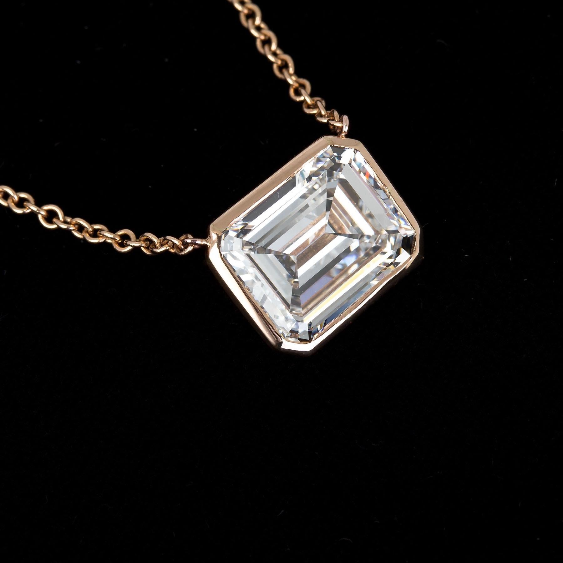 This stunning pendant necklace set in Italian hand made rose gold setting featuring a beuitiful emereald cut diamond, weighing 5.53 carats. H color VS2 clarity.
This GIA Certified 5.53 carat emerald cut diamond is as full of life and luster as a