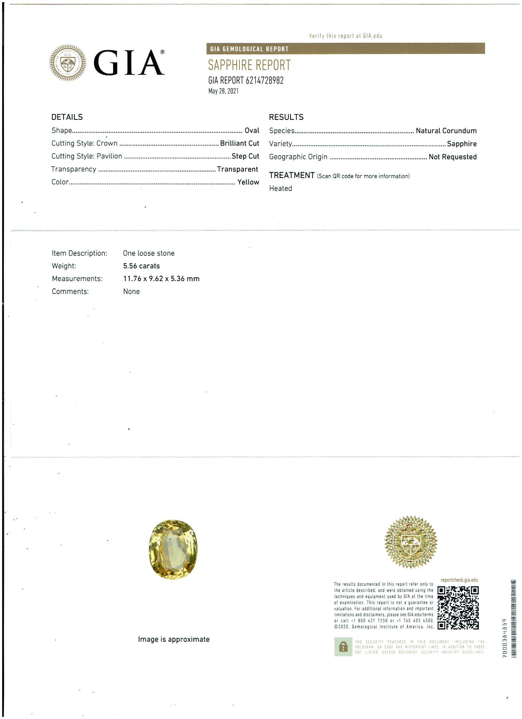 Collier pendentif en or blanc avec saphir jaune de Ceylan naturel de 5,56 carats certifié par le GIA en vente 2