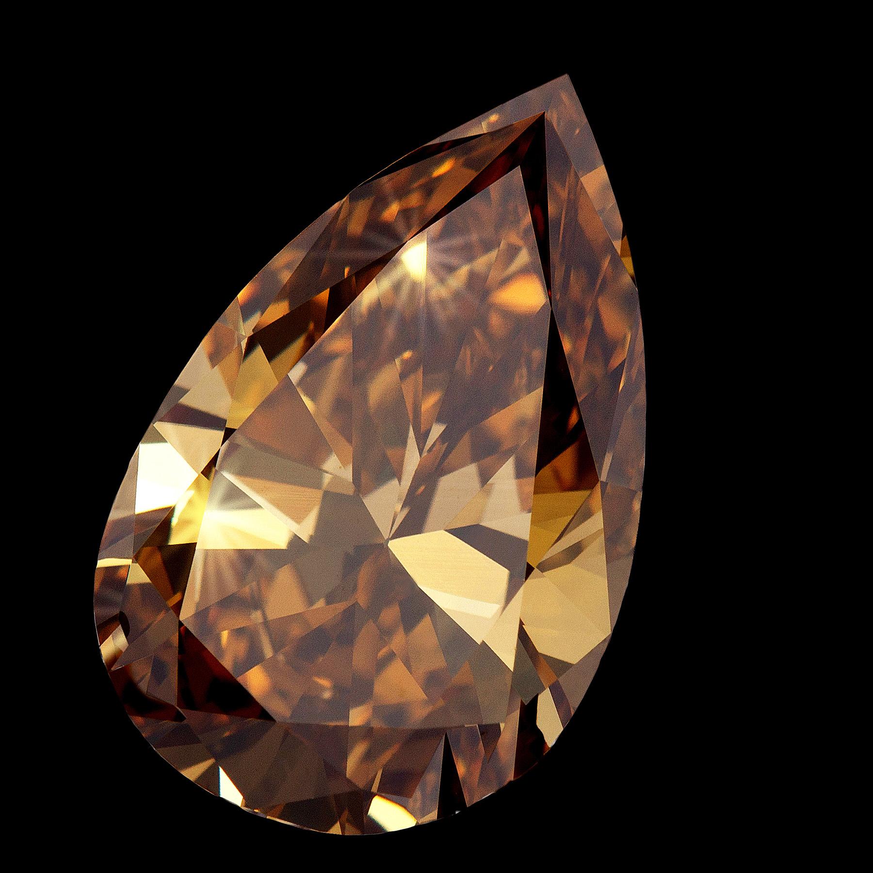 This Stunning ballerina style Natural fancy Deep brownish yellow pear shape with amazing translucent color stone is set in platinum on a bed of perfectly matched colorless tapered Baguette diamonds with approximate 6 carat total weight .
this ring