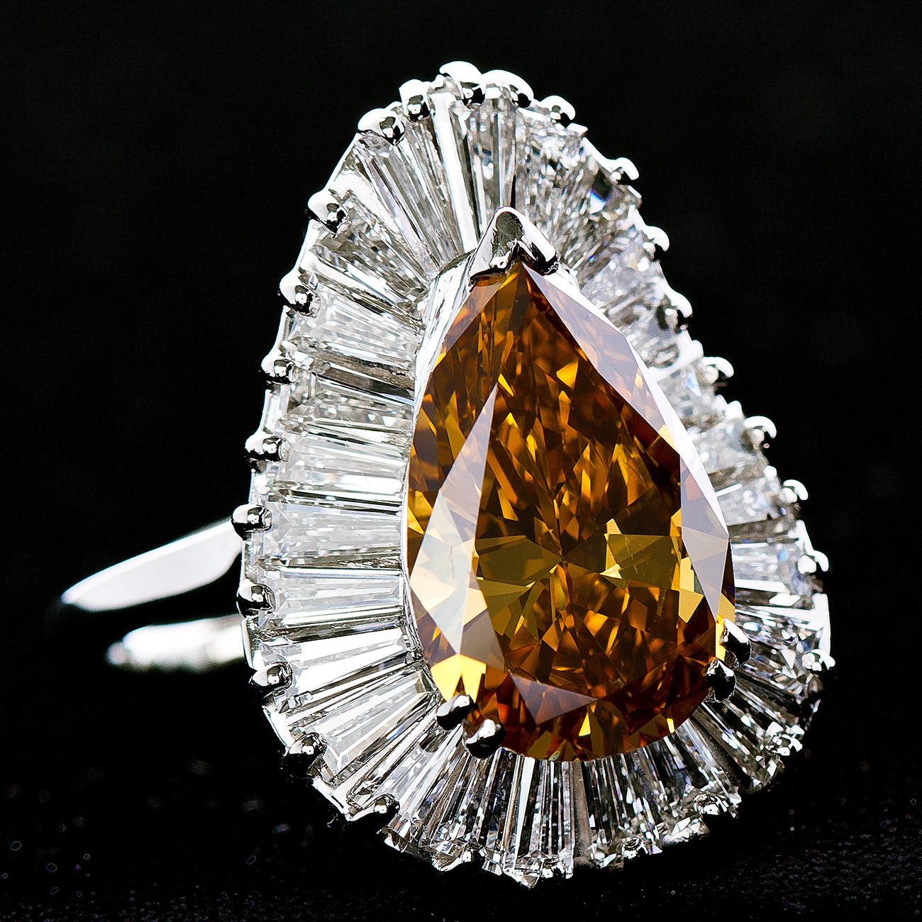 Art Deco GIA Certified 5.58 Deep Brown Yellow Diamond Pear Cocktail Ring