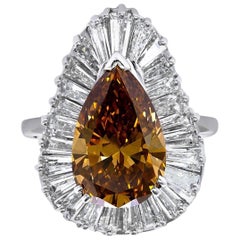 GIA Certified 5.58 Deep Brown Yellow Diamond Pear Cocktail Ring