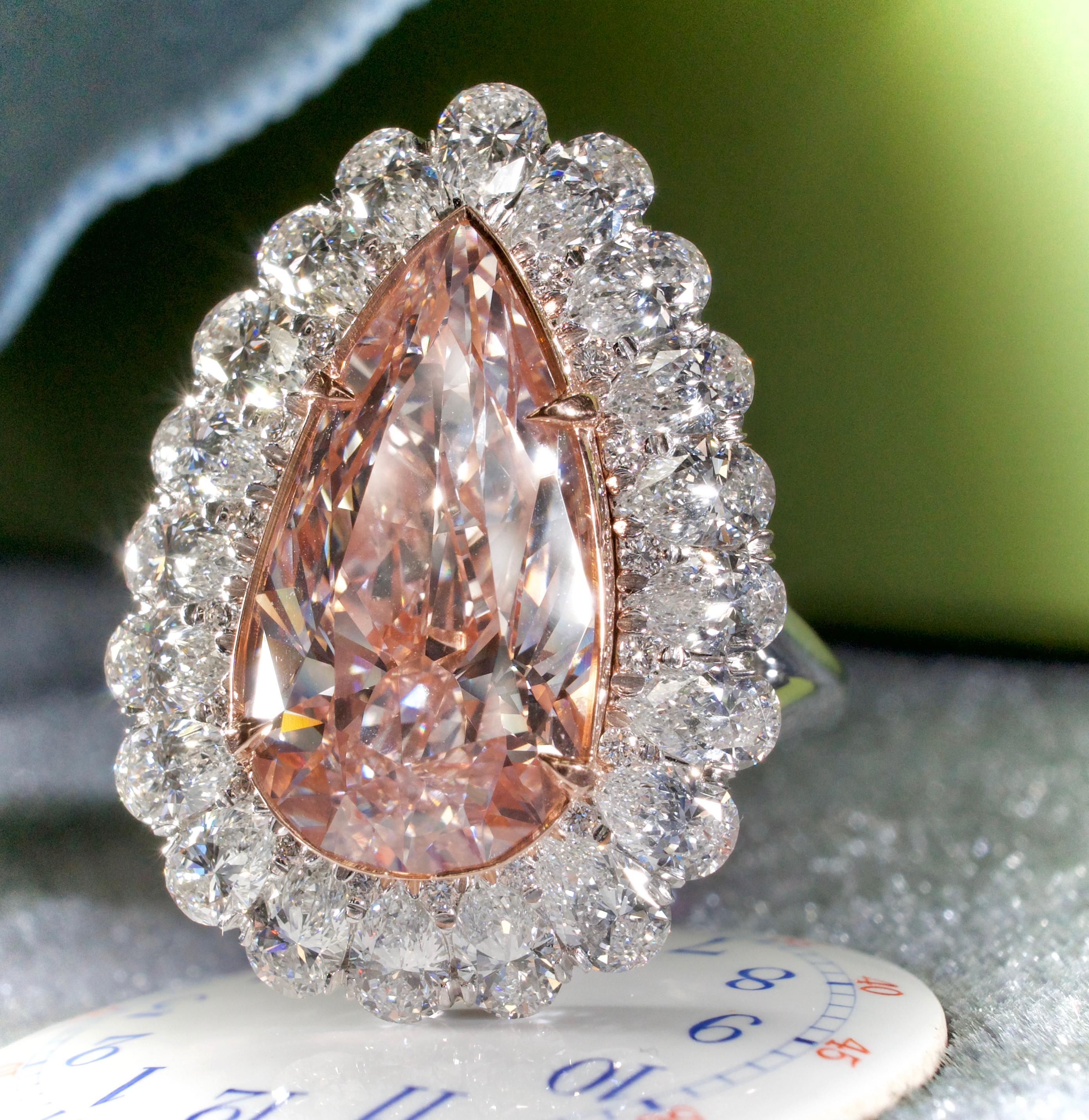 'THE ROSE DIAMOND' is an extraordinary natural pink pear shaped diamond ring. The Pink diamond is certified with a GIA certificate; no.5182332500, which also includes a GIA Type IIa certificate. Type 11a diamonds are the most chemically pure